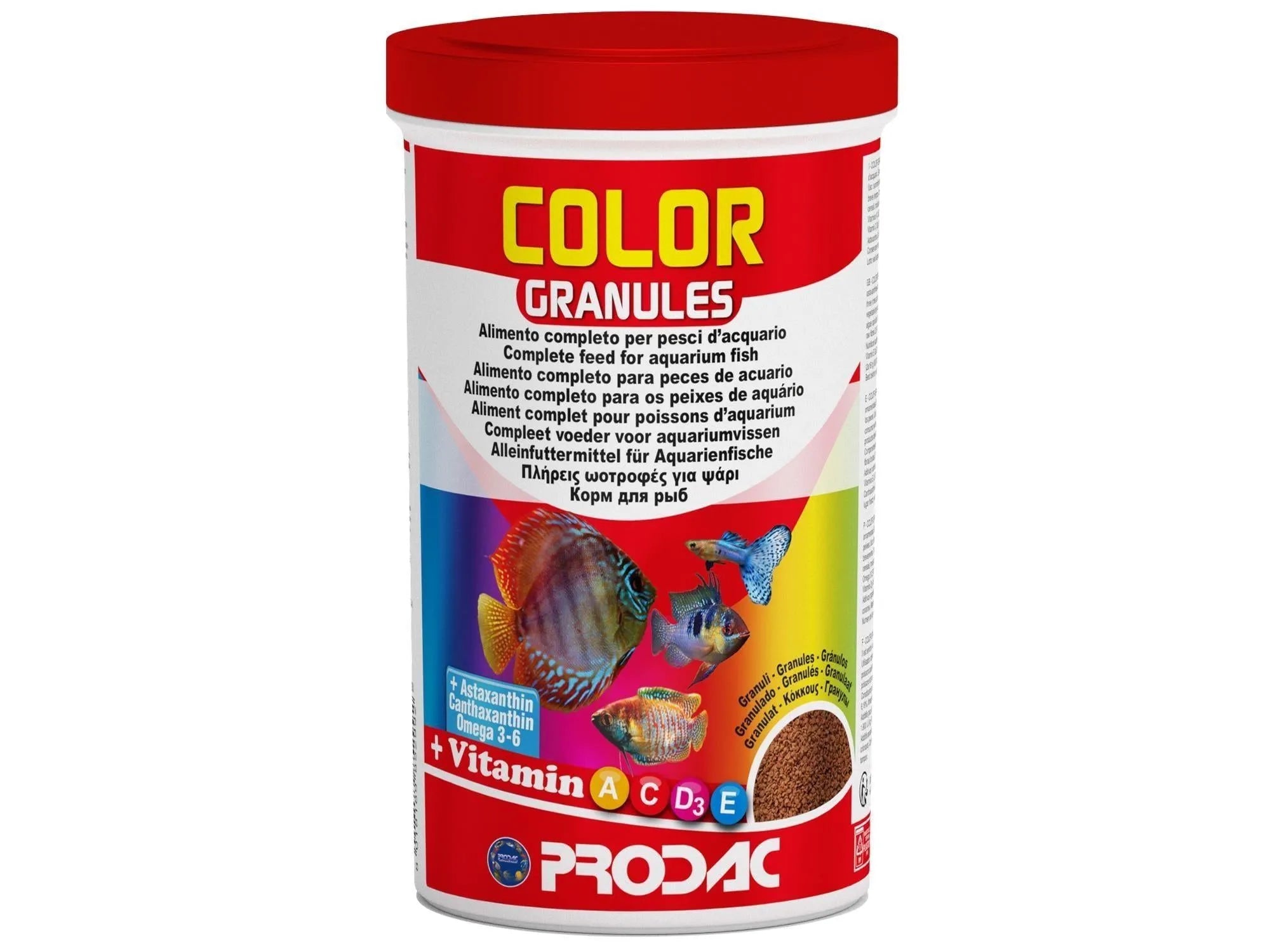 Rød og hvit beholder med Prodac Color Granules fiskefôr, viser akvariefisk og fôrkorn.