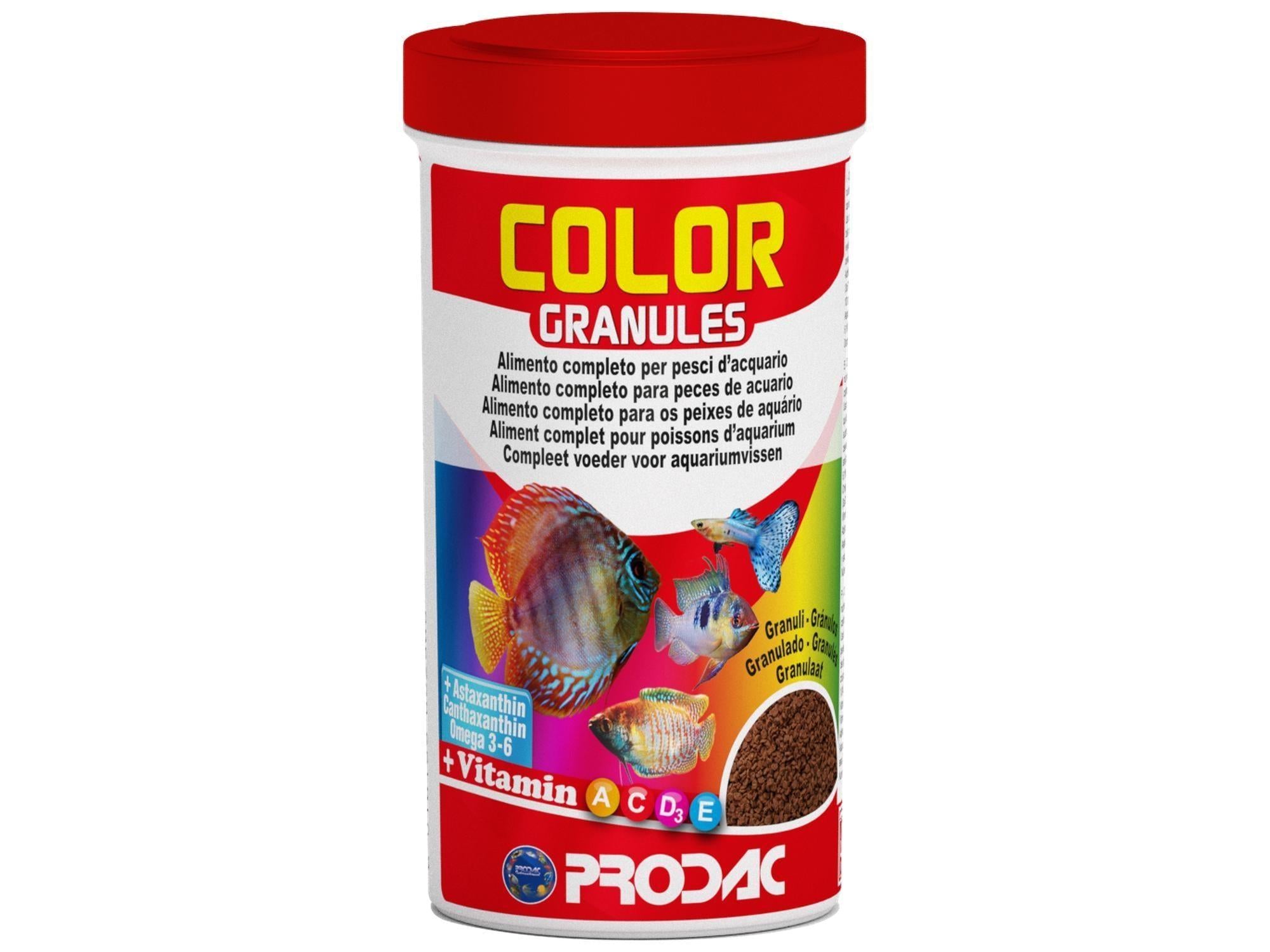 Rød og hvit beholder med Prodac Color Granules fiskefôr, viser fisk og fôrets tekstur.