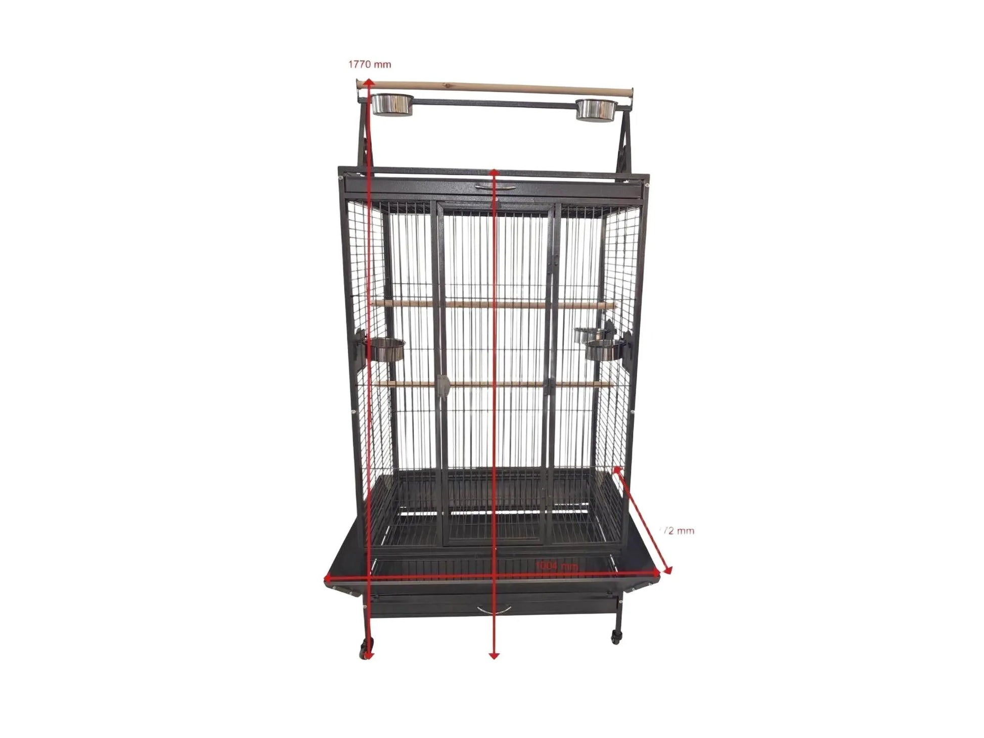 Svart Companion Play Pen papegøyebur i metall med lekeområde på toppen, sittepinner og matkopper.