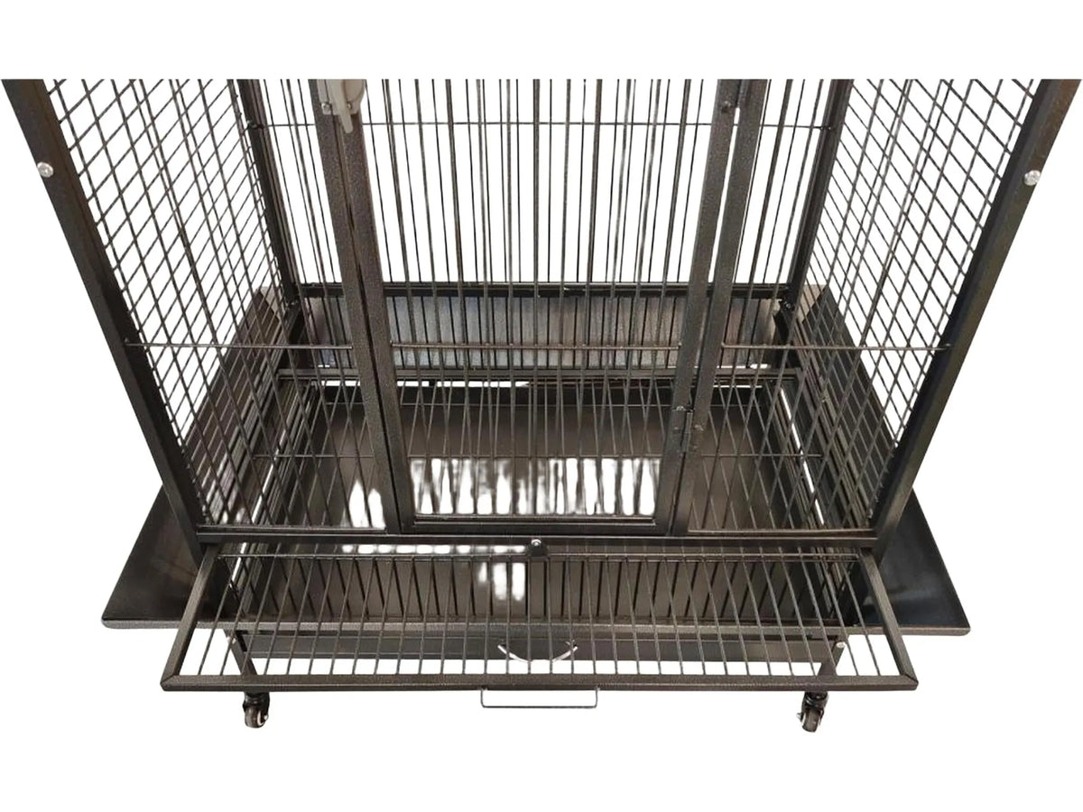 Mørkegrått Companion Play Pen papegøyebur i metall med uttrekkbar bunn og hjul.