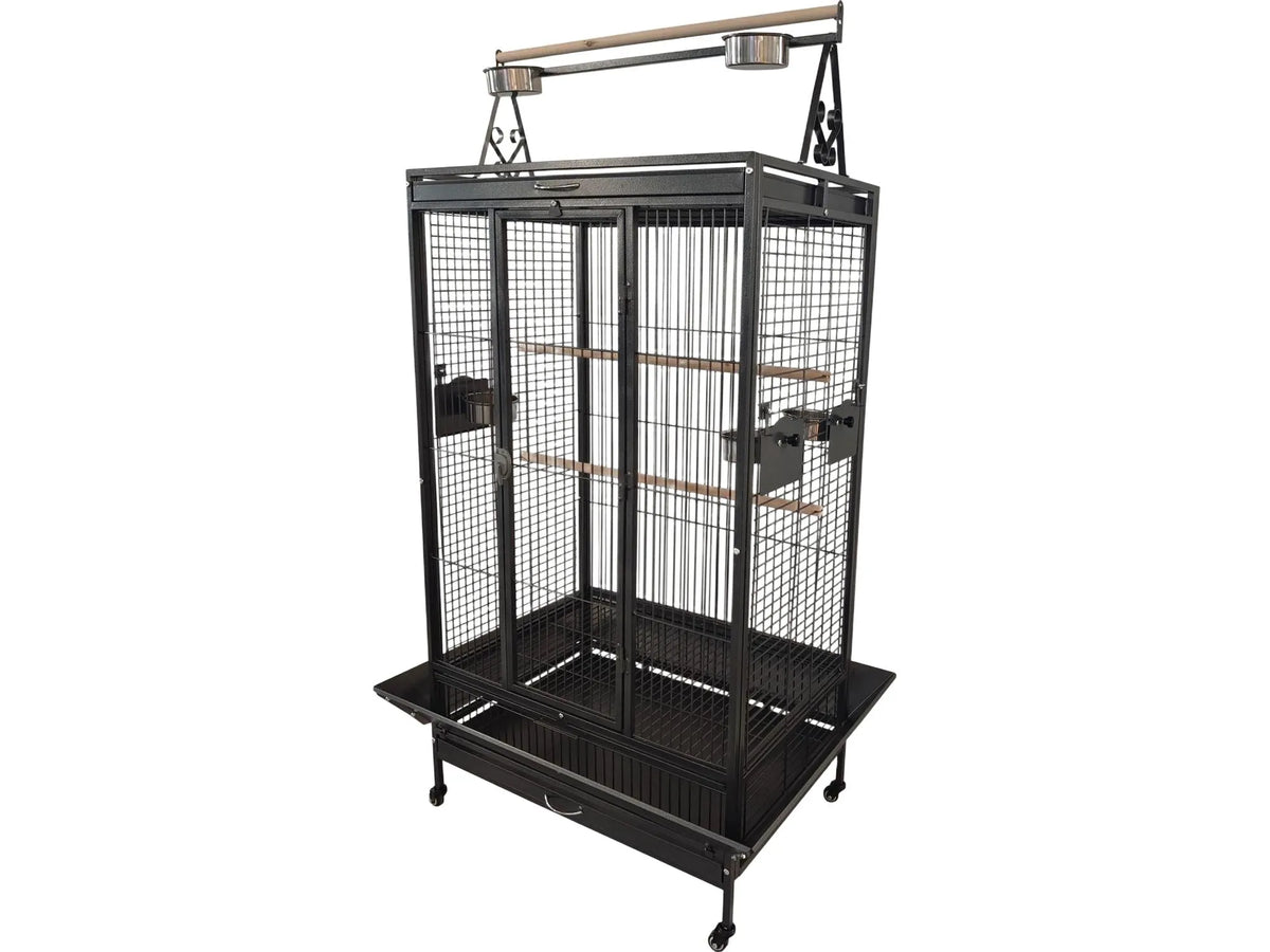 Svart Companion Play Pen papegøyebur i metall med Play-Top, sittepinner og stålkopper.