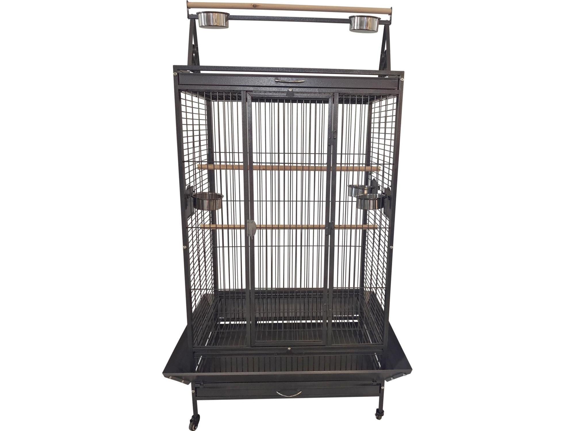 Svart Companion Play Pen papegøyebur i metall med Play-Top, sittepinner og matkopper.