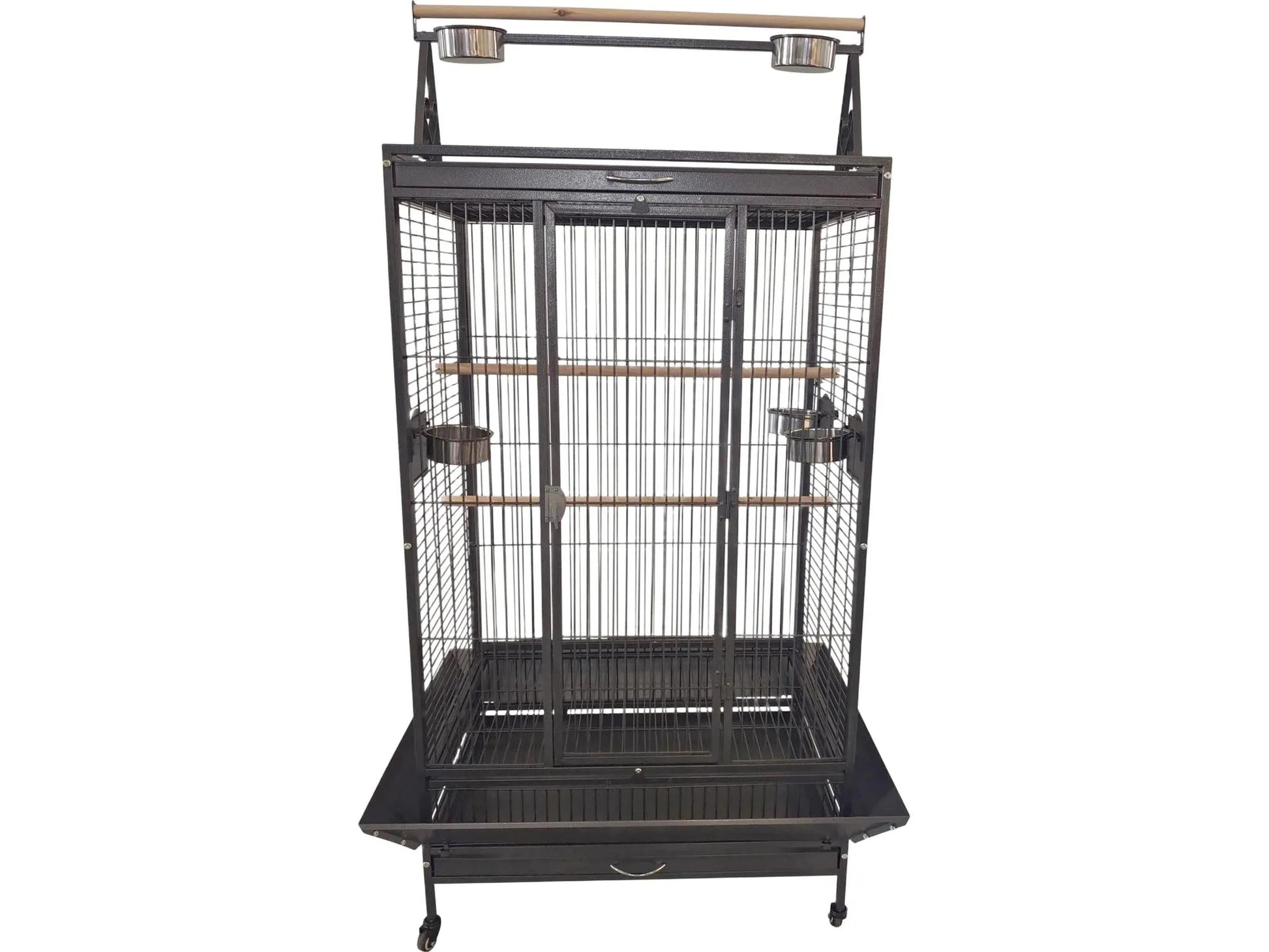 Svart Companion Play Pen papegøyebur i metall med Play-Top, sittepinner og matkopper.