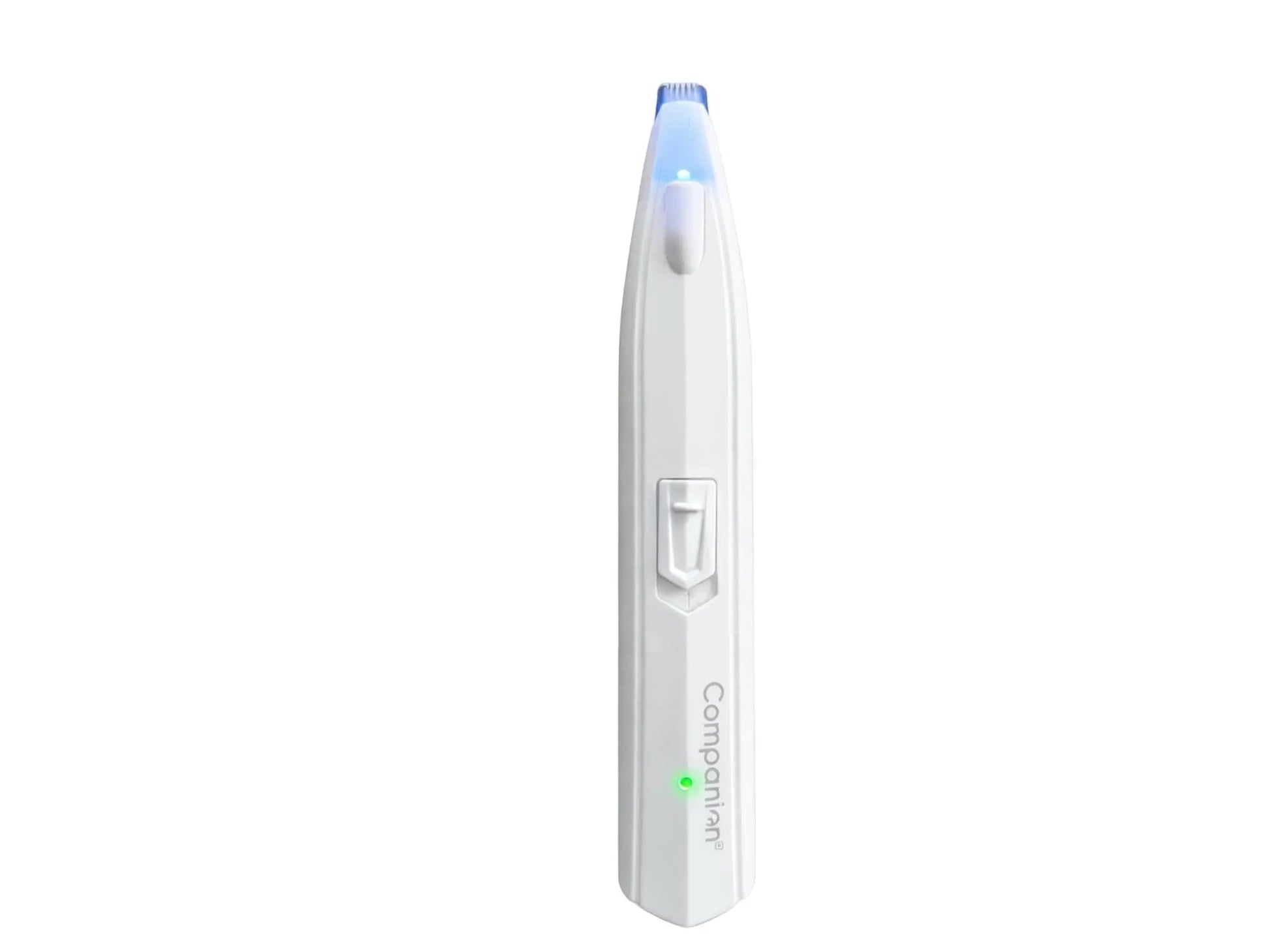 Hvit Companion potetrimmer med smalt klippehode og blått LED-lys, sett forfra.