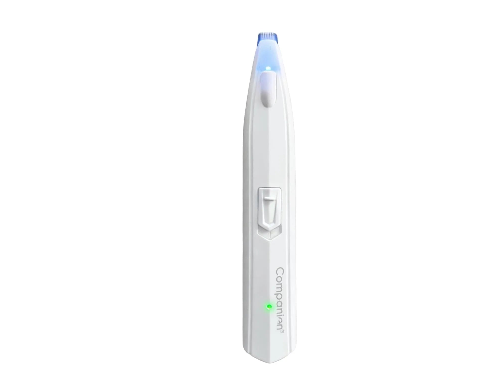 Hvit Companion potetrimmer med smalt klippehode og blått LED-lys, sett forfra.