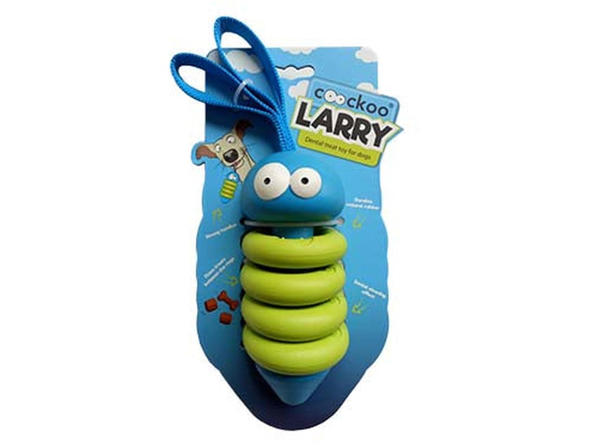 Coockoo Larry hundeleke i blå og limegrønn naturgummi med nylonstropper for snacks og tannpleie.