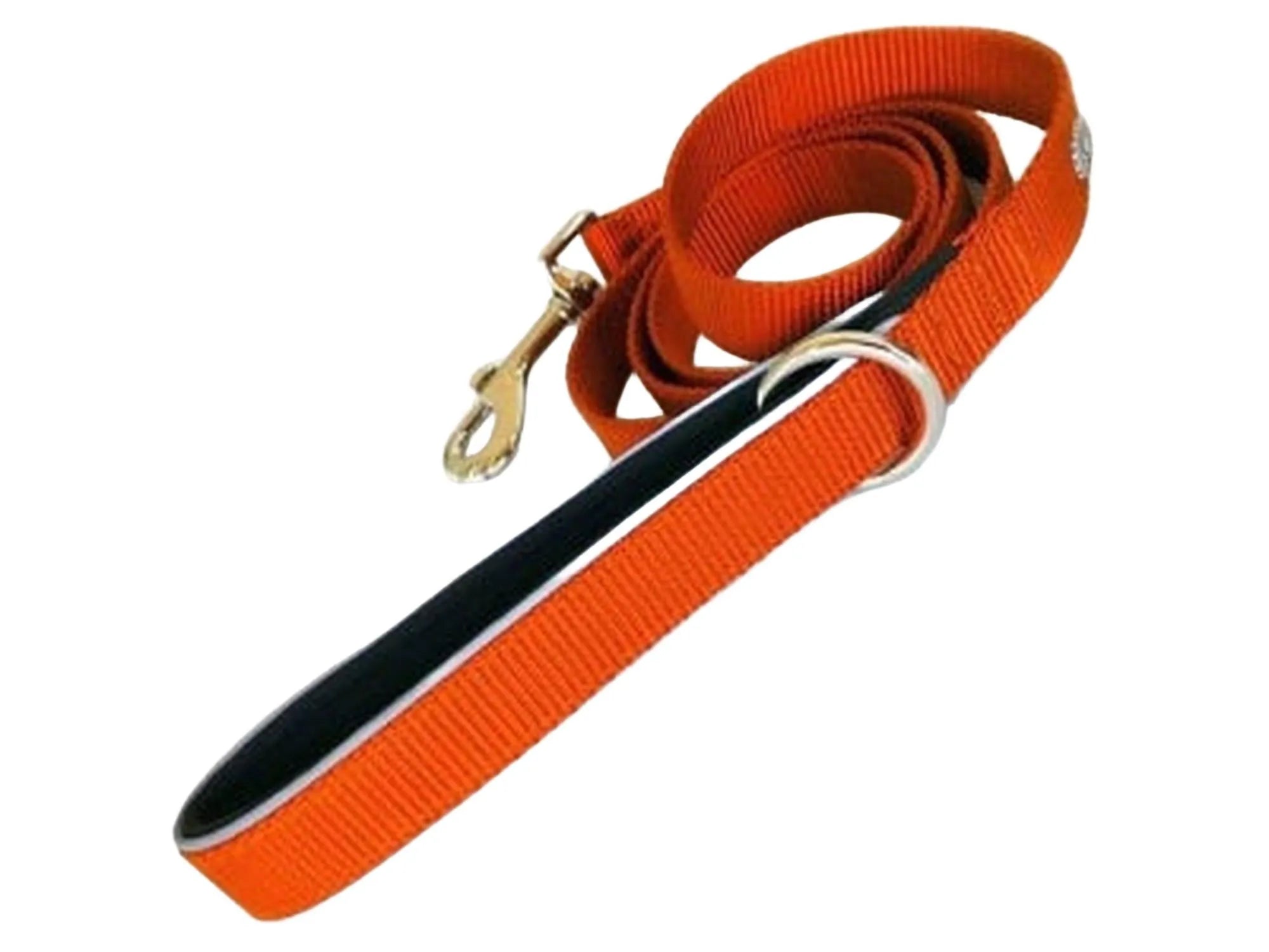 Oransje hundekobbel i web med polstret svart neoprenhåndtak, 3M-refleks, og metallkrok/O-ring.