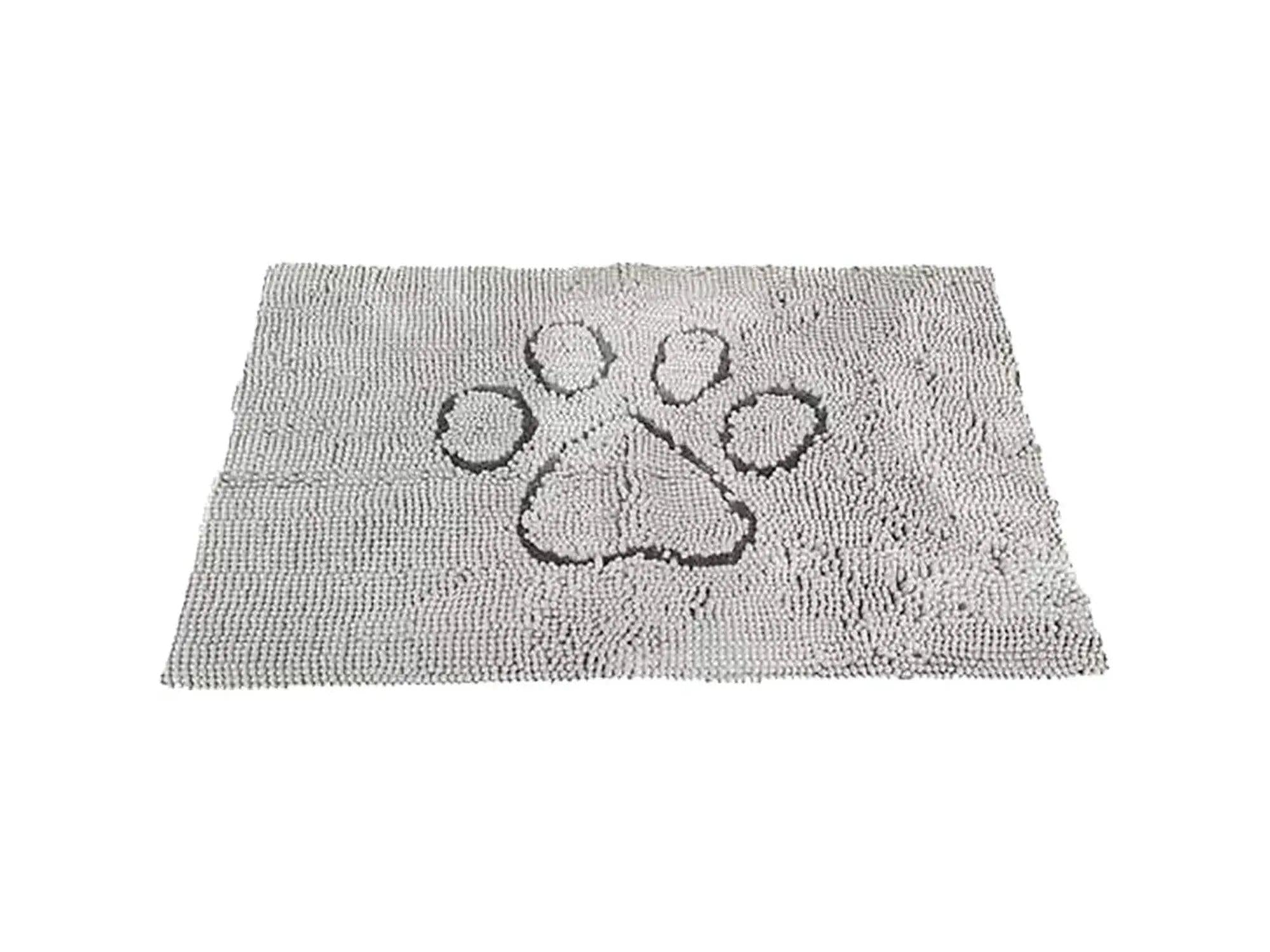 Grå, superabsorberende DGS Dirty Dog dørmatte med et mørkere poteavtrykk-design for kjæledyr.