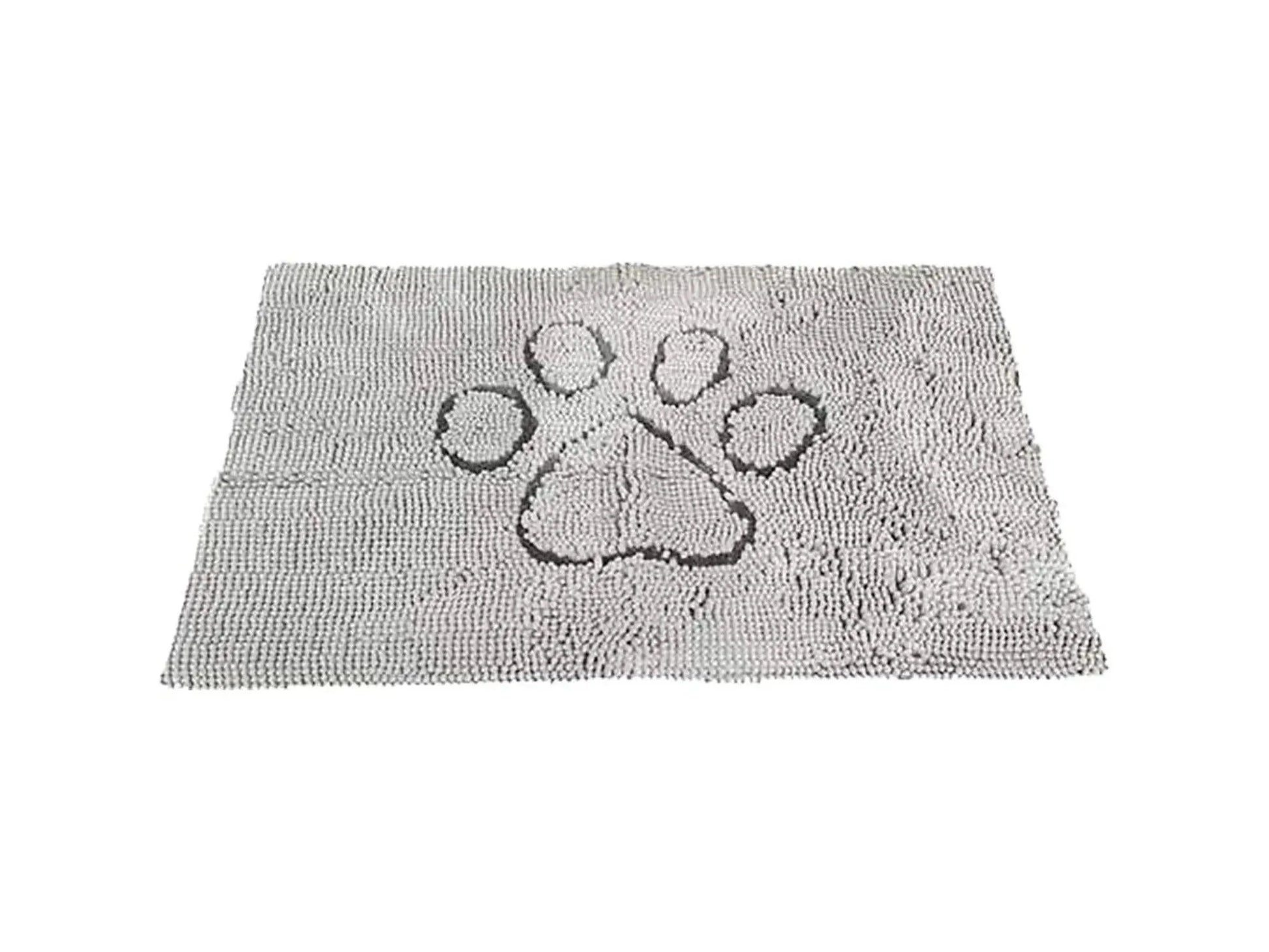 Grå, superabsorberende DGS Dirty Dog dørmatte med et mørkere poteavtrykk-design for kjæledyr.