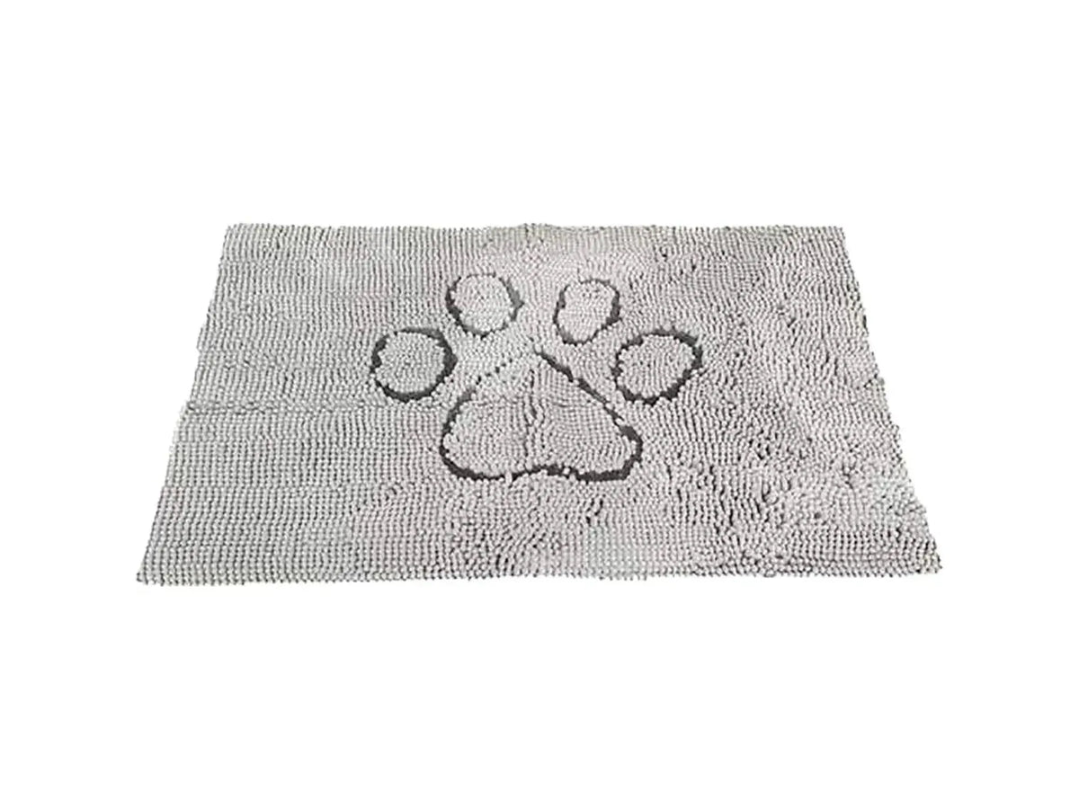 Grå, superabsorberende DGS Dirty Dog dørmatte med et mørkere poteavtrykk-design for kjæledyr.