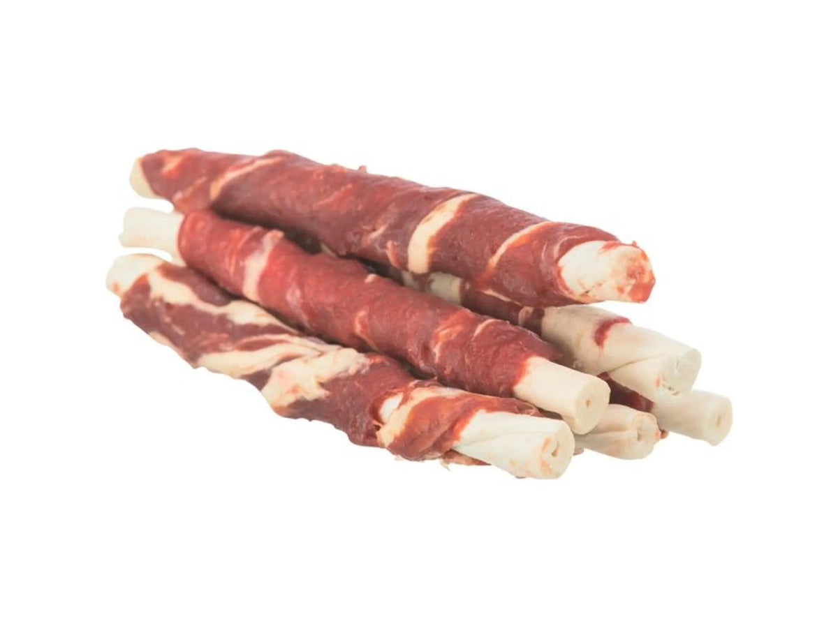 Seks 12 cm marmorerte tyggeruller for hund, laget av råhud med oksekjøtt og hvit fisk.