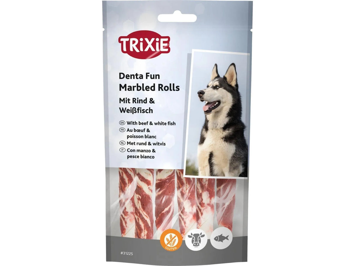 Trixie Denta Fun Marbled Rolls med oksekjøtt og hvit fisk, 12 cm tyggeruller for hund.