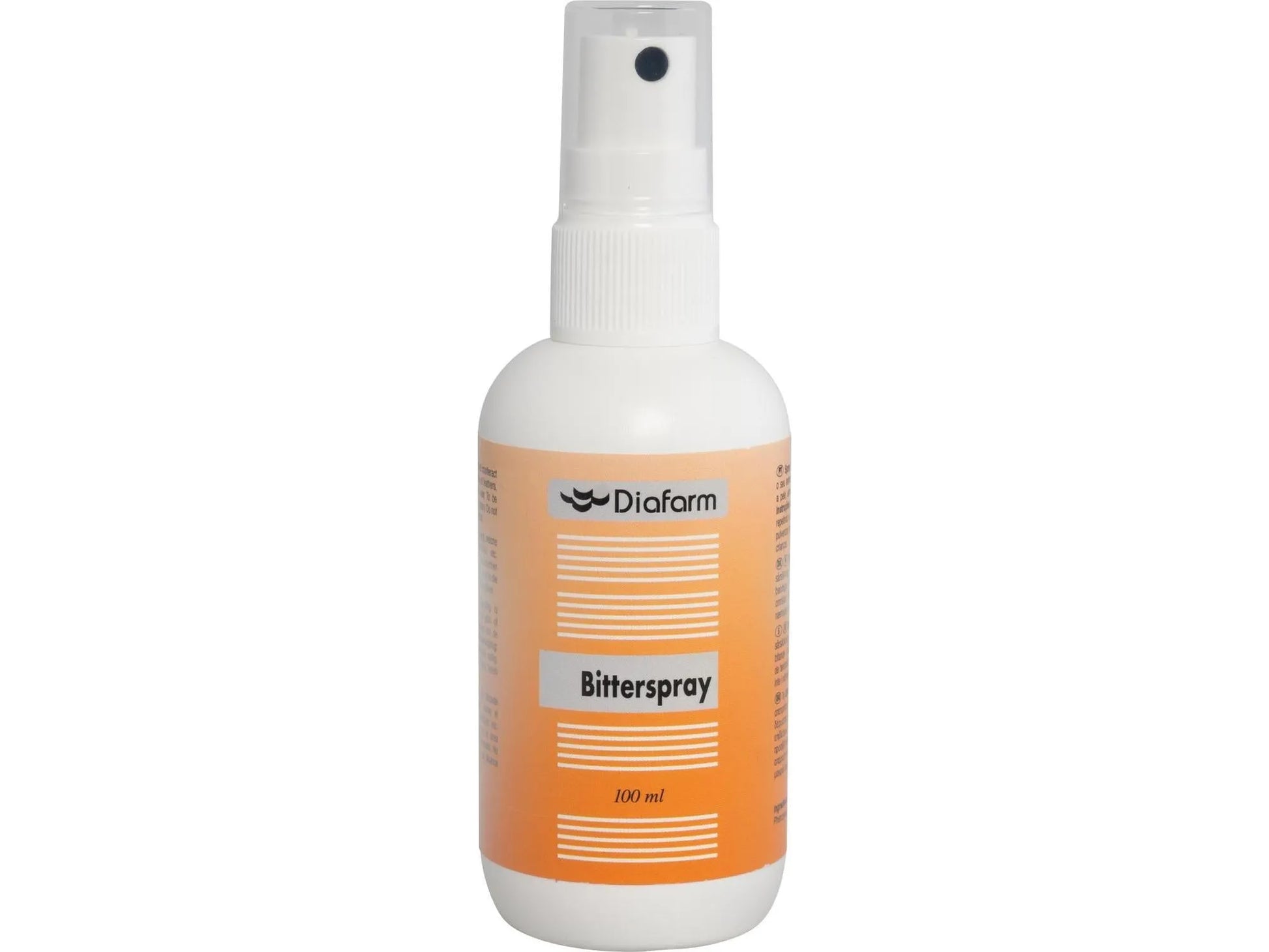 Hvit Diafarm Bitterspray 100 ml flaske med oransje etikett og hvit spraydyse.