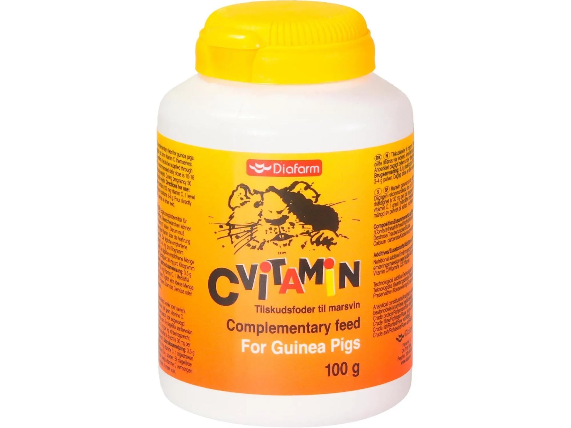Hvit Diafarm C-vitaminpulver for marsvin, 100g, med gul skrukork og etikett med marsvin.
