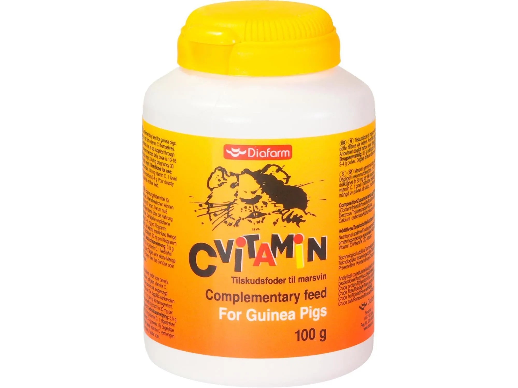 Hvit Diafarm C-vitaminpulver for marsvin, 100g, med gul skrukork og etikett med marsvin.