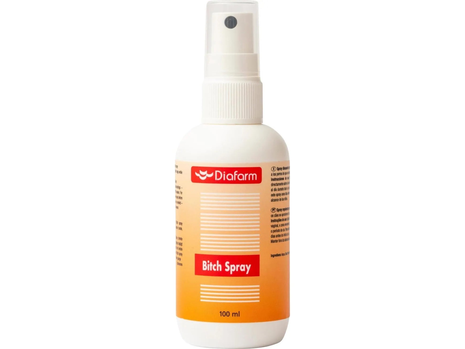 Hvit Diafarm Tispespray 100 ml flaske med oransje etikett og "Bitch Spray" tekst.
