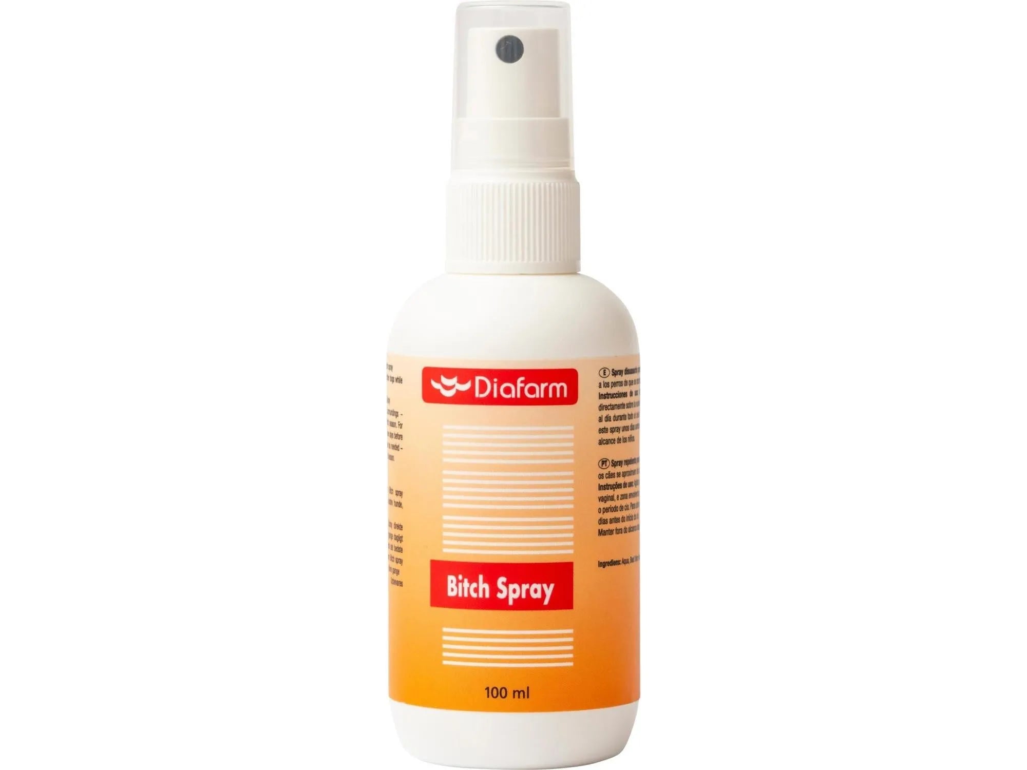 Hvit Diafarm Tispespray 100 ml flaske med oransje etikett og "Bitch Spray" tekst.