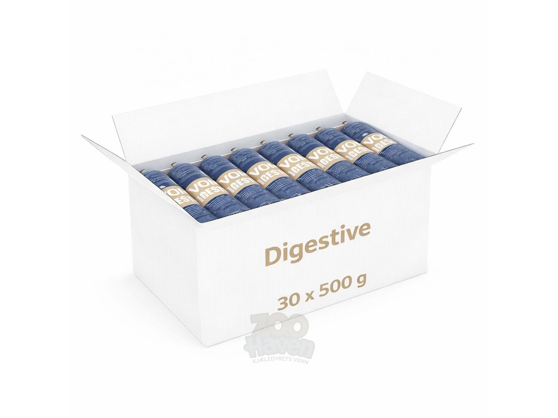 Hvit pappeske med 30 blå 500g pakker VOM Digestive hundefôr, sett ovenfra.