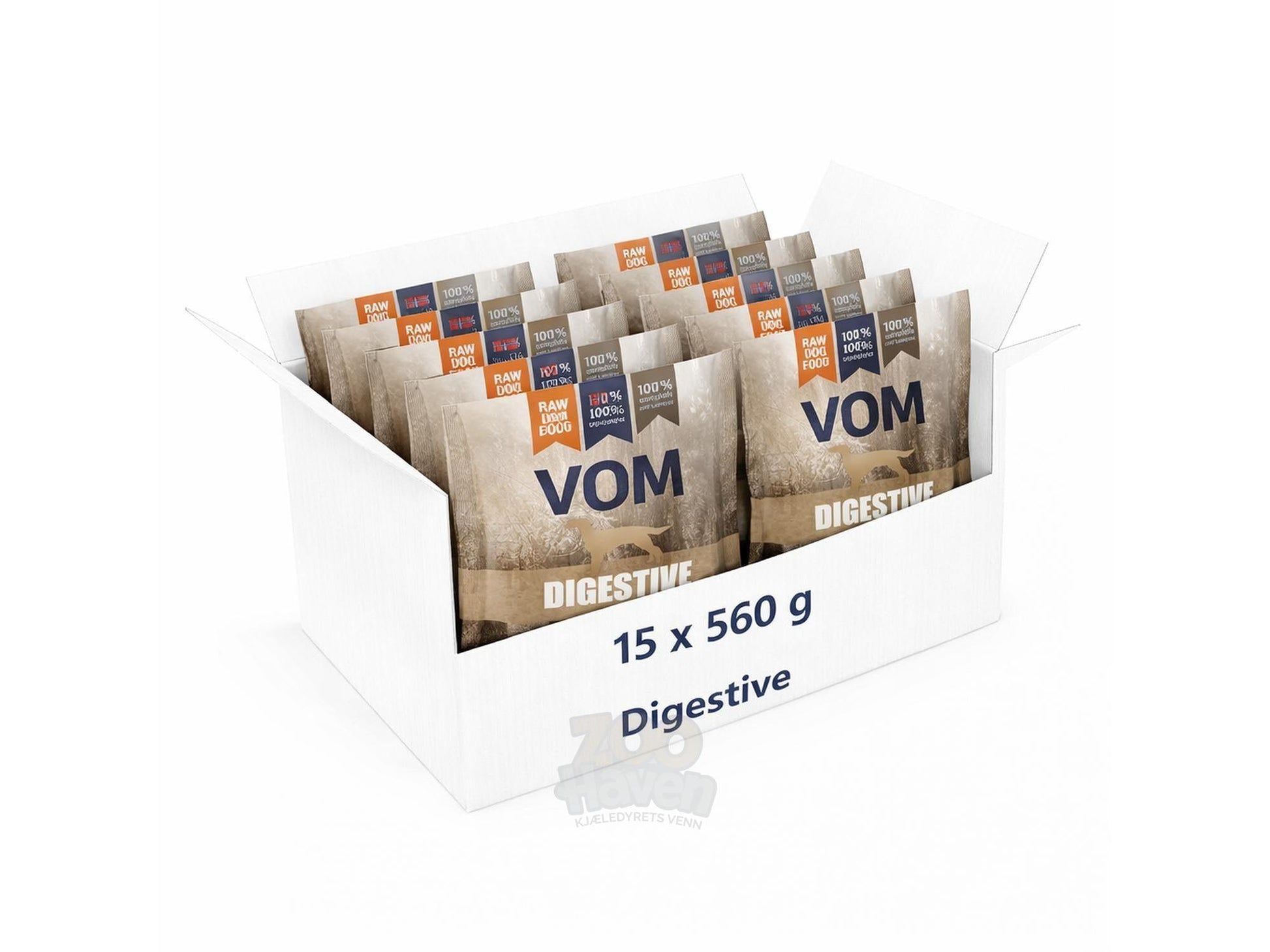 VOM Digestive hundefôr i 15 x 560g pakker, vist i en hvit pappeske.