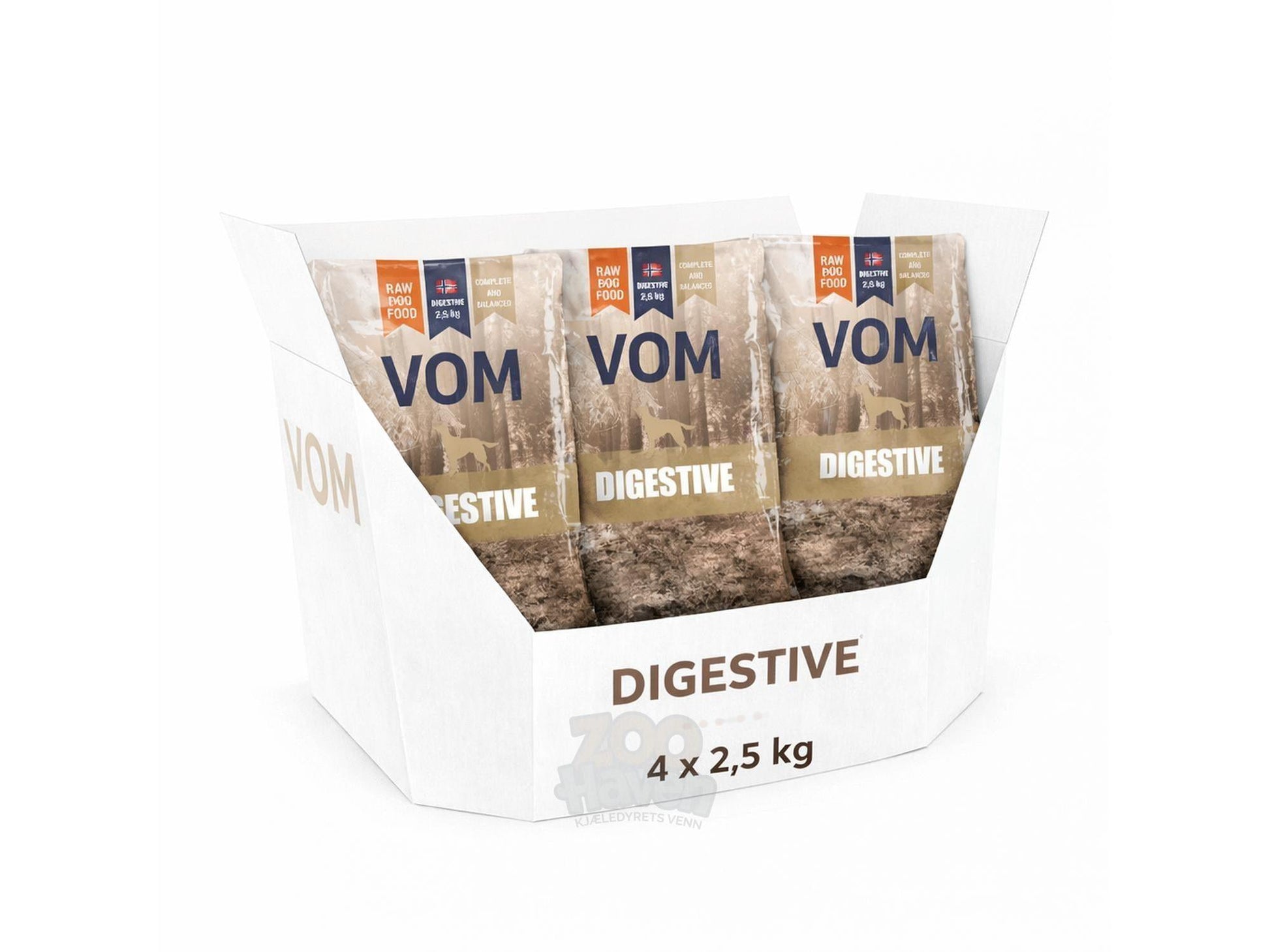 VOM Digestive hundefôr i 4 x 2,5 kg pakker, vist i en hvit pappeske med logo.