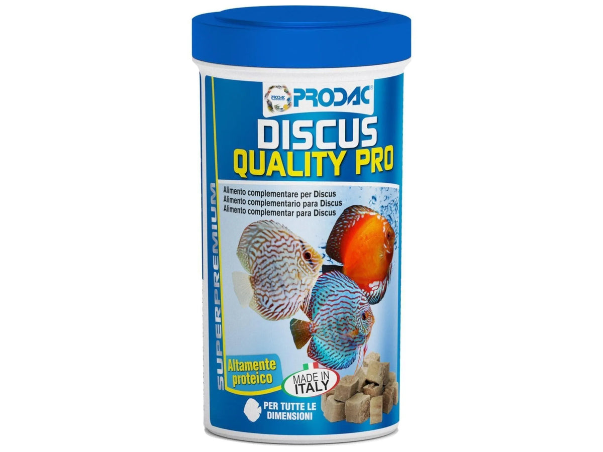 White and blue Prodac Discus Quality Pro 250ml container with discus fish and food cubes.