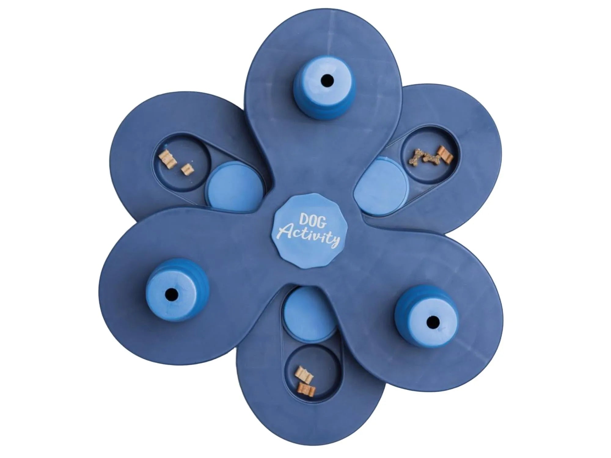 Blå Trixie Dog Activity Flower Tower intelligensspill i plast med 6 kegler og skyvelokk, Ø30x13cm.