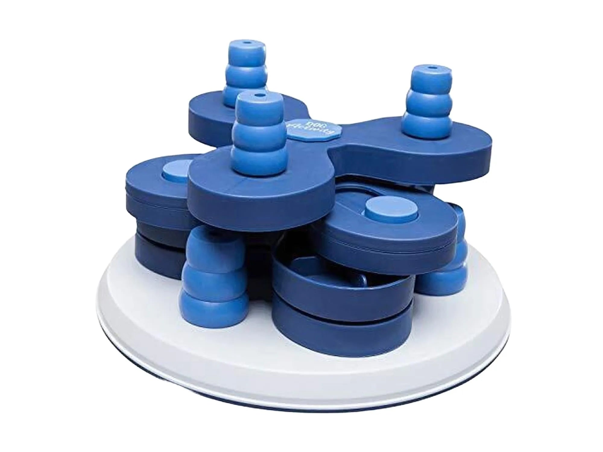 Blå Trixie Dog Activity Flower Tower nivå 3 strategileketøy i plast med kegler og skyvelokk.