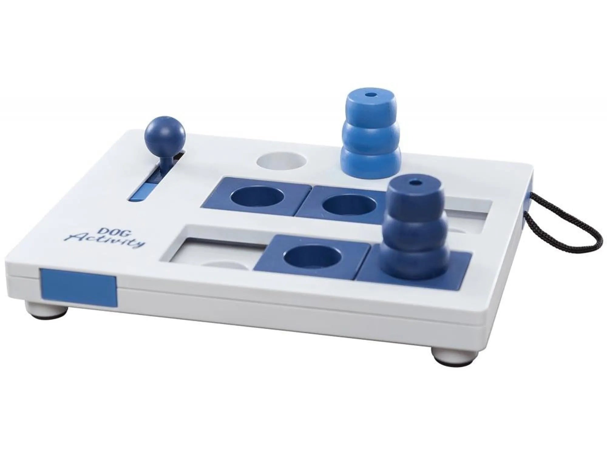 Hvit og blå Dog Activity Strategie Game Mini Mover, et interaktivt hundeleketøy med skyvere og stabletårn.