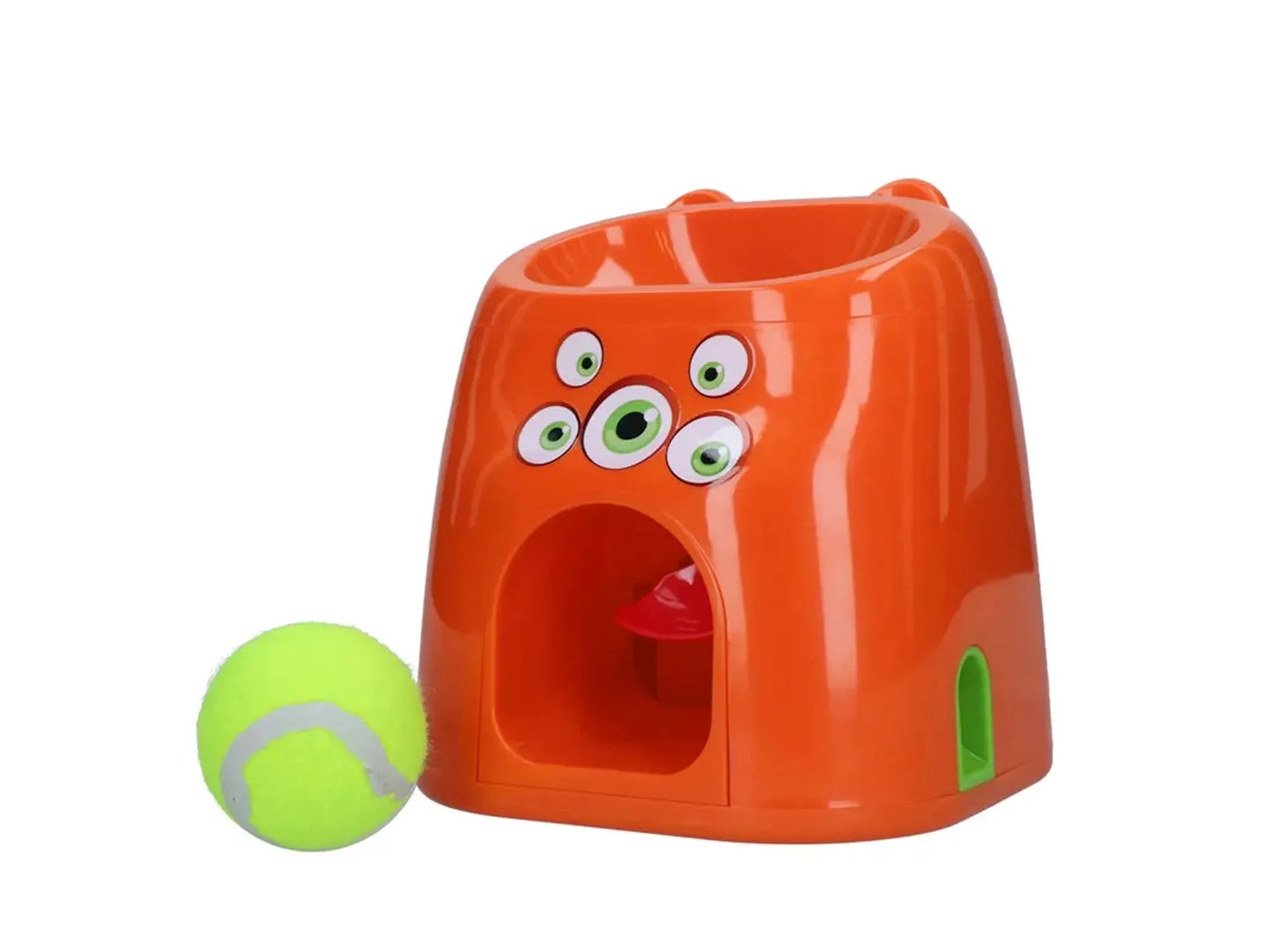 Oransje Dog Comets D1 Spencer Fetch & Treat hundeleke med grønne øyne og tennisball.