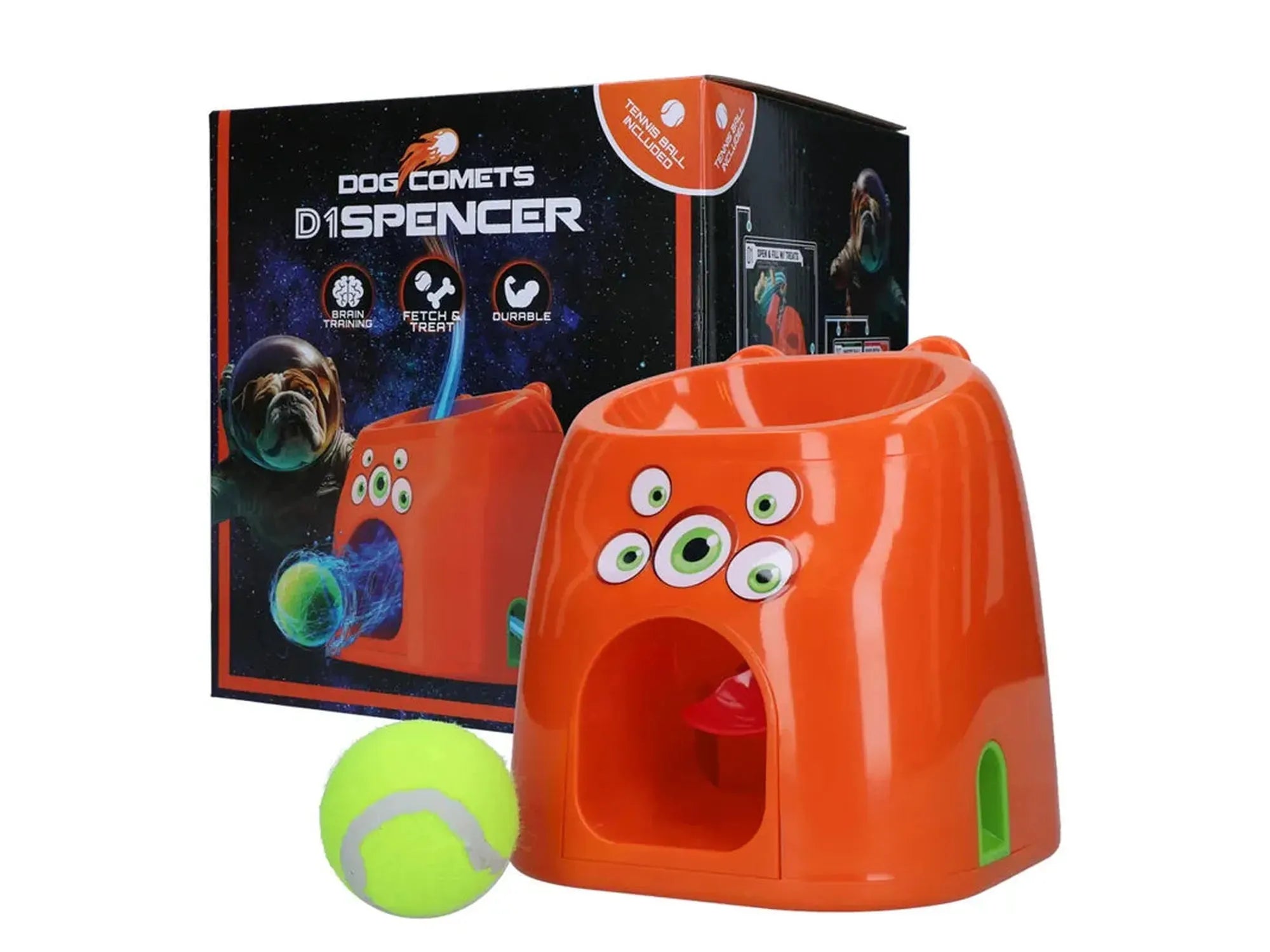 Oransje Dog Comets D1 Spencer Fetch & Treat dispenser med grønne øyne og tennisball.
