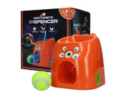 Oransje Dog Comets D1 Spencer Fetch & Treat dispenser med grønne øyne og tennisball.