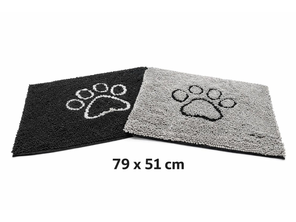 Svart og grå Dirty Dog Doormat hundematter, 79x51cm, med poteavtrykk design.