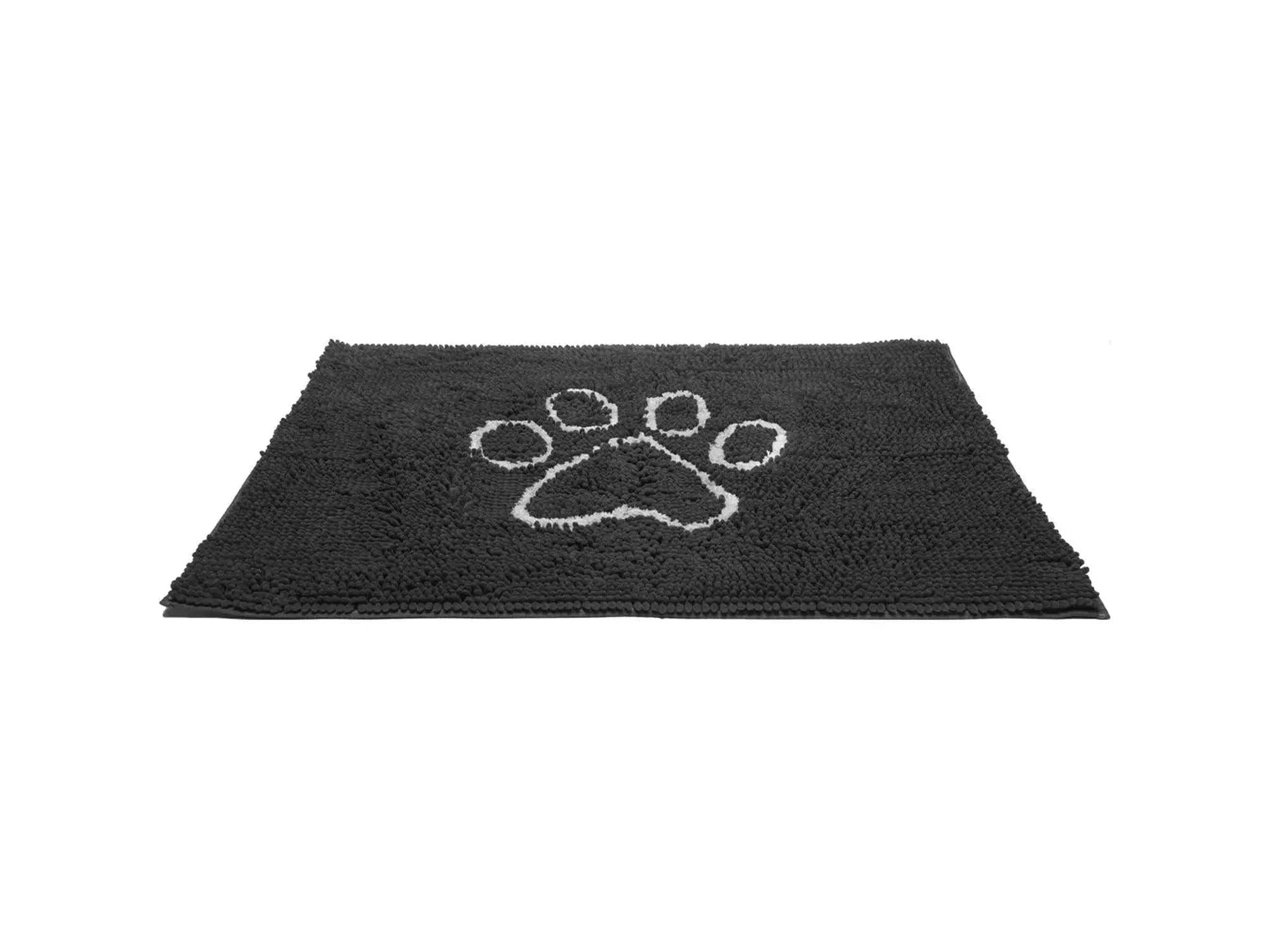 Svart mikrofiber hundematte med hvit potetrykk, 88x66cm, for rene gulv.