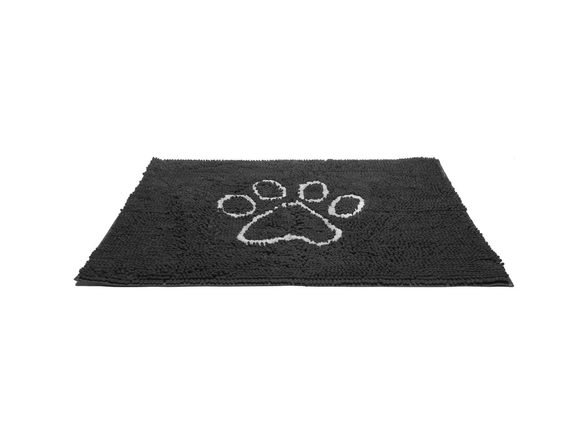 Svart mikrofiber hundematte med hvit potetrykk, 88x66cm, for rene gulv.