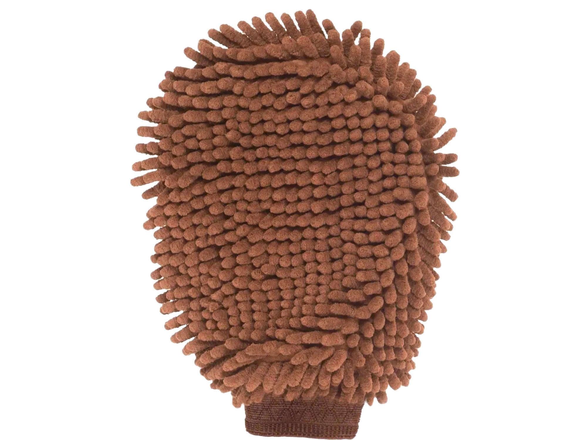 Brun mikrofiber Dirty Dog Grooming Hanske med nupper for børsting og tørking av hund.