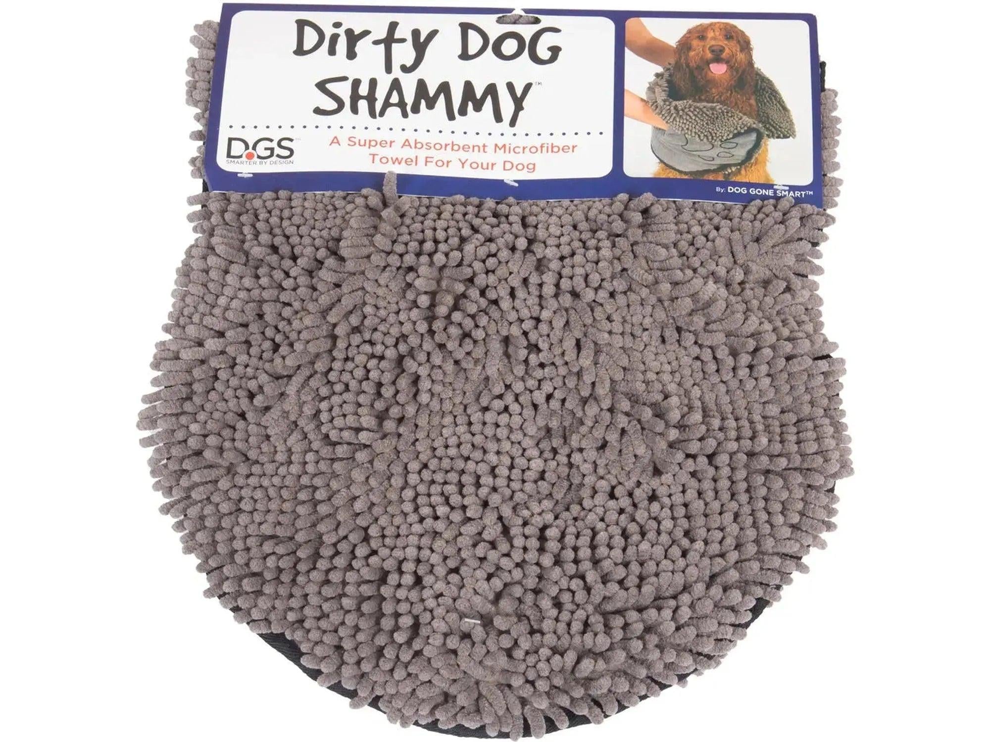 Grå Dirty Dog Shammy mikrofiberhåndkle med chenille-materiale og håndlommer, vist i emballasje.