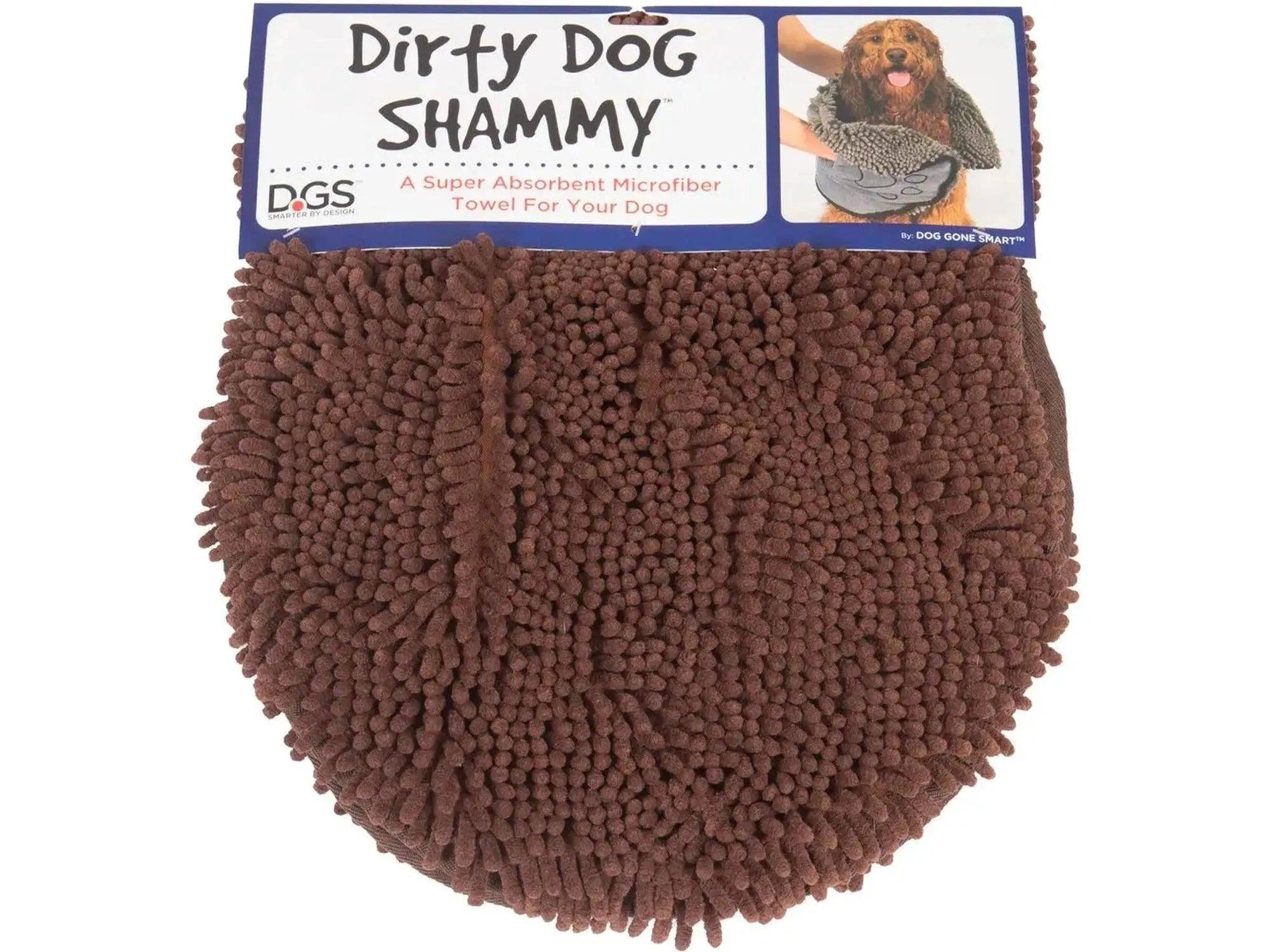 Brun Dirty Dog Shammy mikrofiberhåndkle for hund med chenille-lignende tekstur og håndlommer.