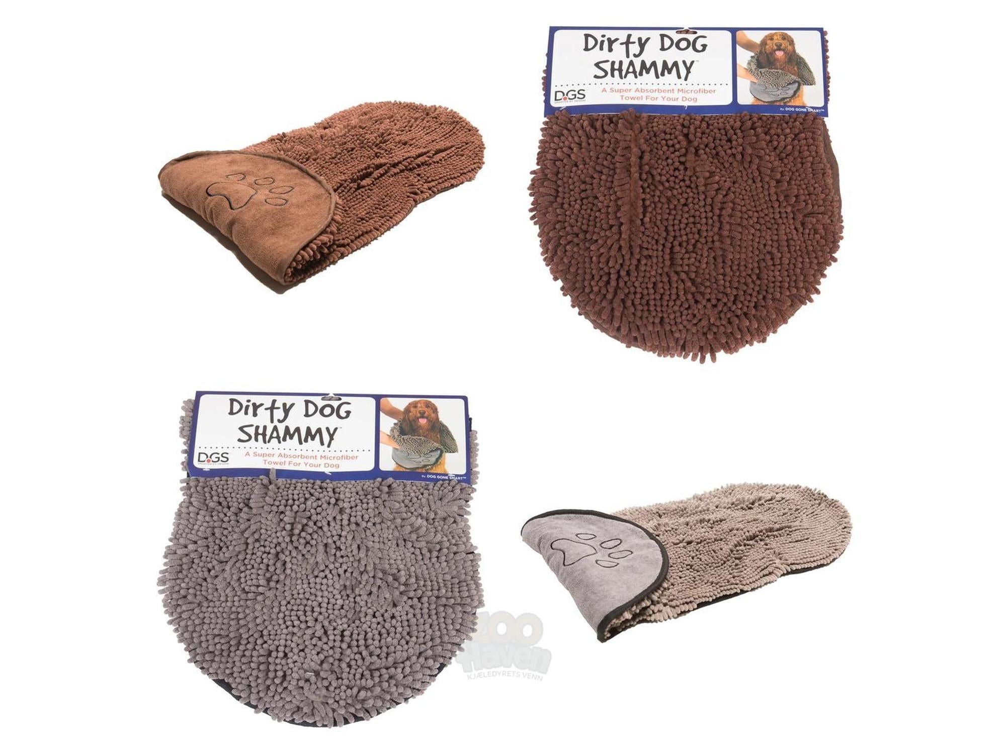 Dog Gone Smart Dirty Dog Shammy mikrofiberhåndkle i brun og grå chenille, med poteavtrykk og håndlommer.