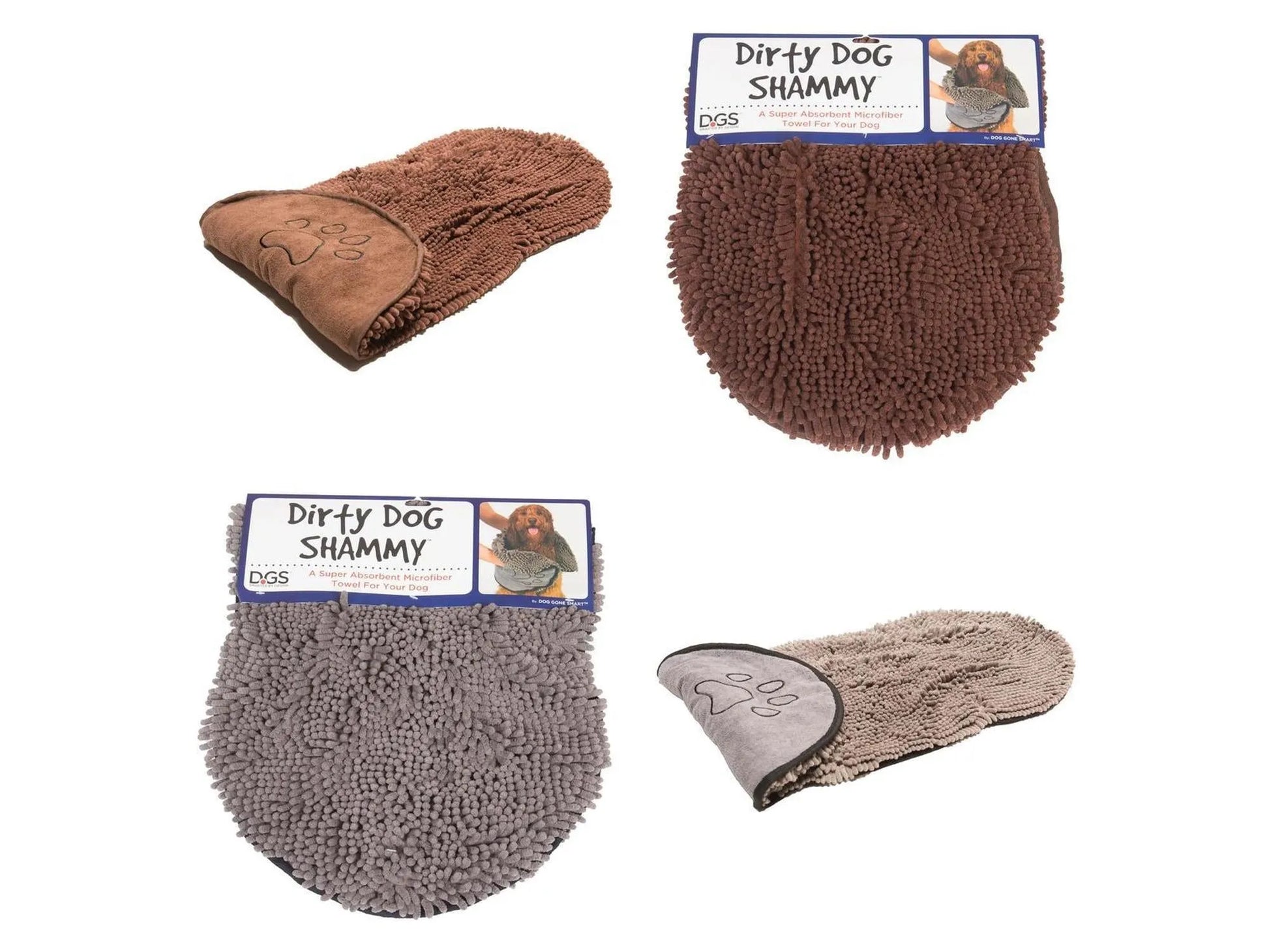 Dog Gone Smart Dirty Dog Shammy mikrofiberhåndkle i brun og grå chenille, med poteavtrykk og håndlommer.