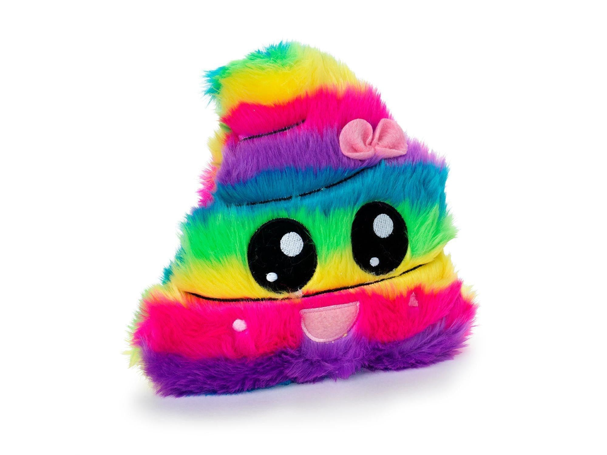 Dogman Kawaii Rainbow Poop supermyk plysj hundeleke med pip, flerfarget og med rosa sløyfe.