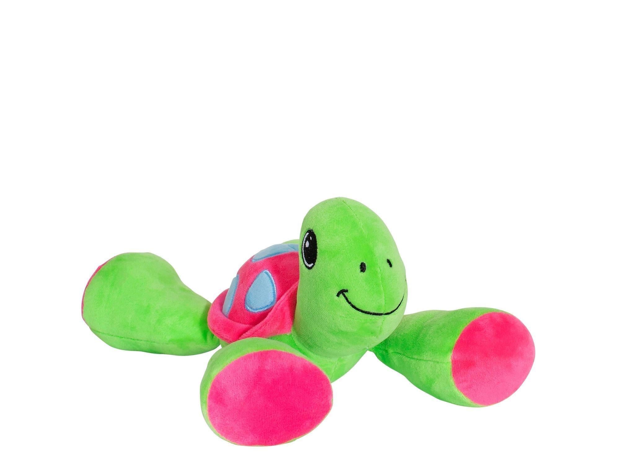 Grønn og rosa Dogman Kawaii skilpadde hundeleke i mykt plysjmateriale med smil.