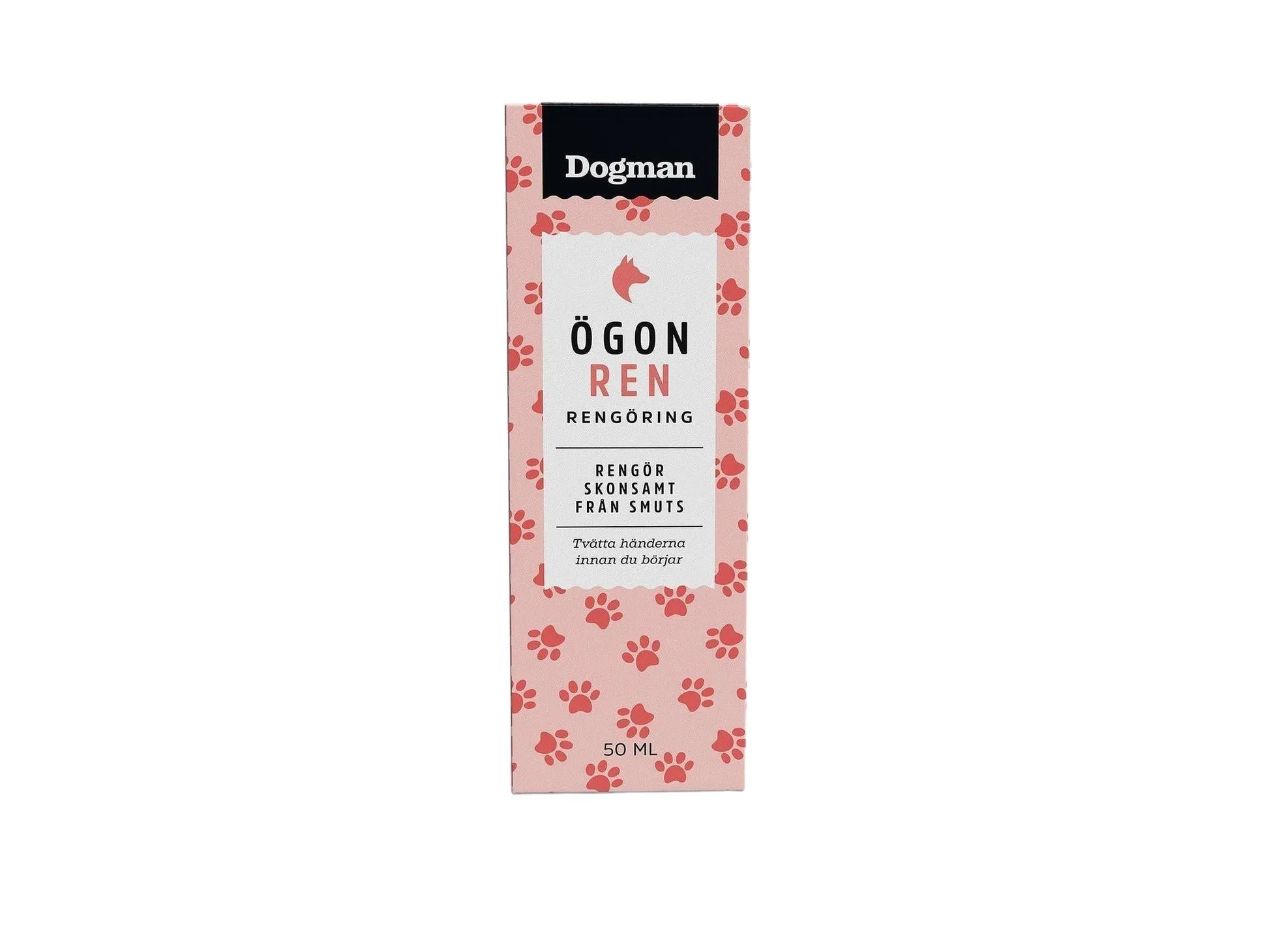 Dogman Øgon Ren 50ml øyerens for hund i rosa eske med potetrykk og rød hundesilhuett.