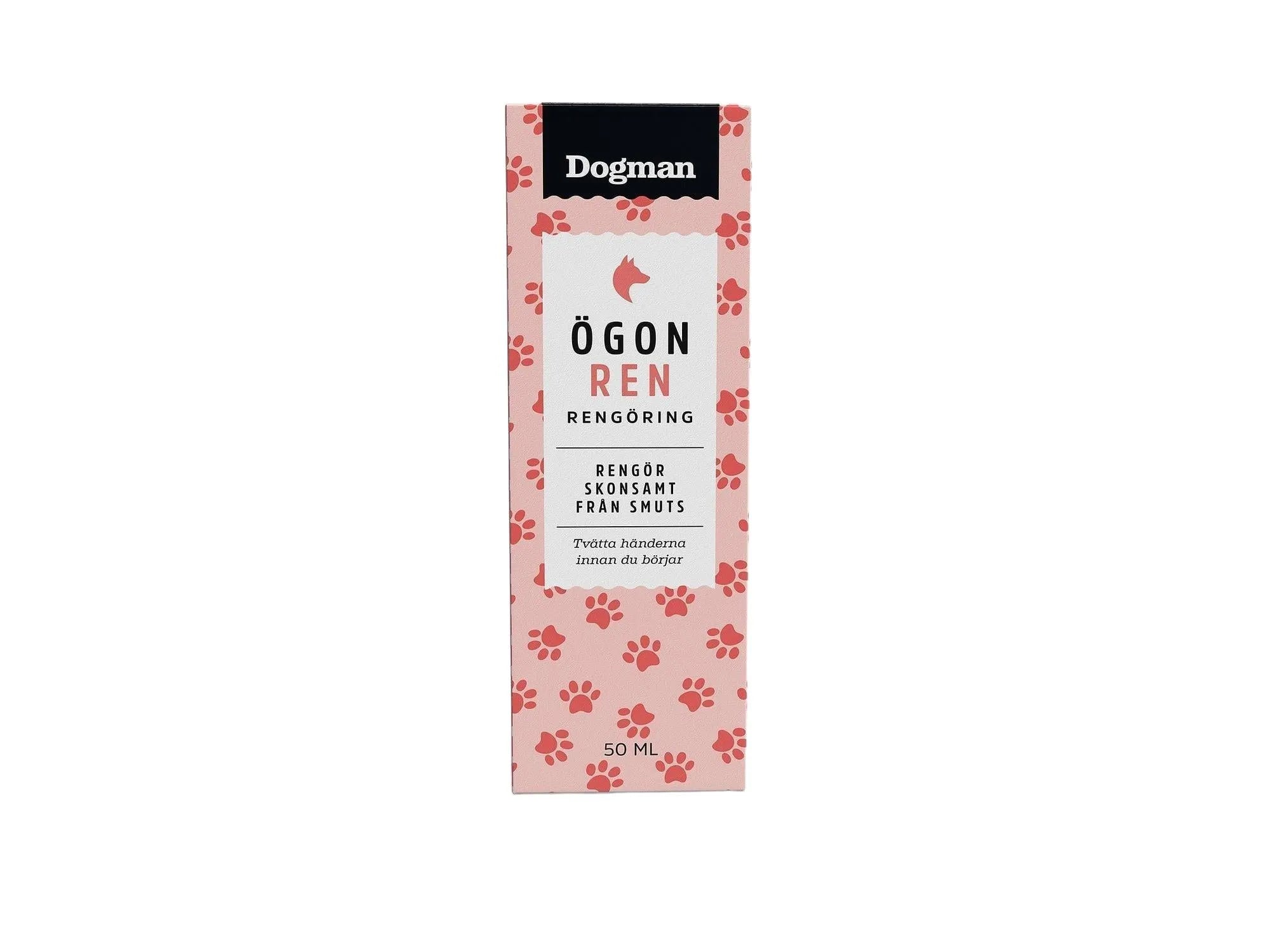 Dogman Øgon Ren 50ml øyerens for hund i rosa eske med potetrykk og rød hundesilhuett.