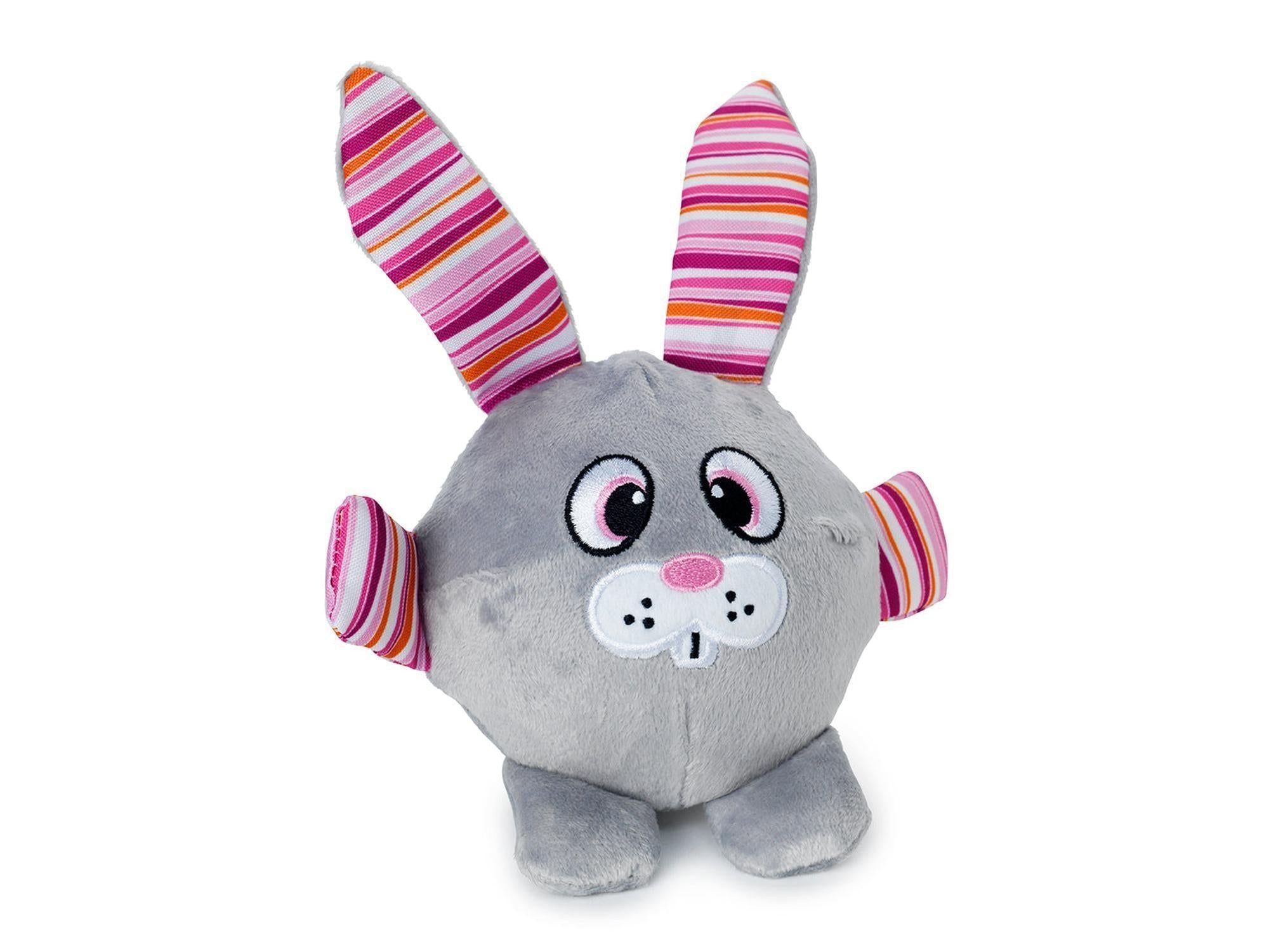 Dogman Rabbe Ball grå plysj hundeleke, 15 cm, med kanindesign og stripete ører.