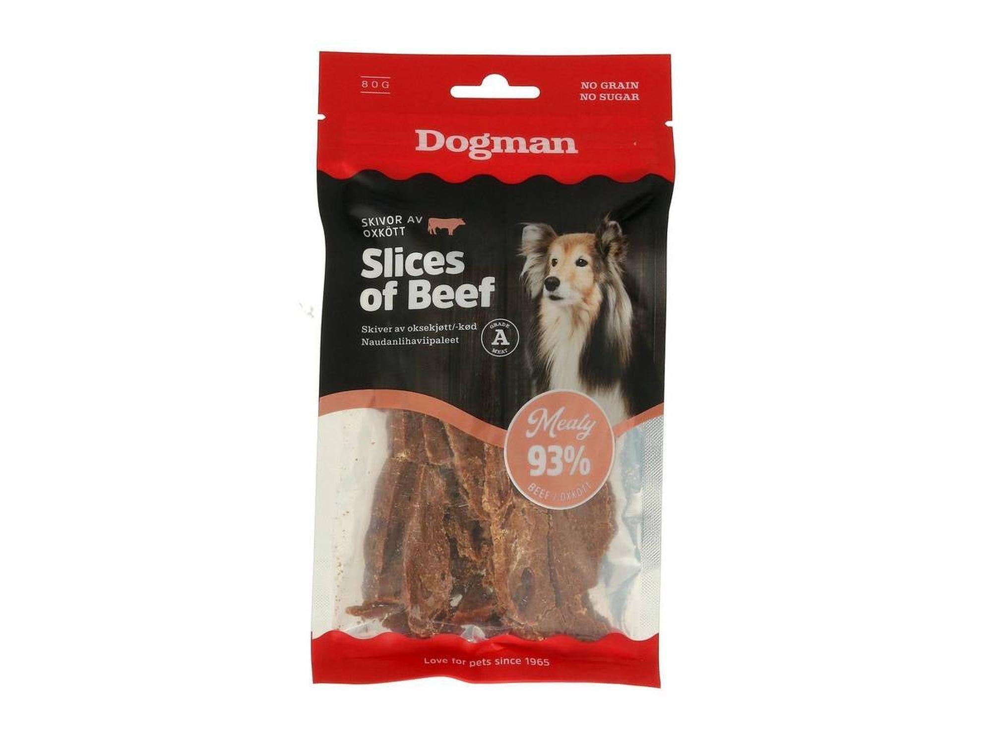 Dogman Slices of Beef dog treats in a red and clear pouch with a Collie dog.