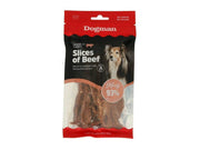 Dogman Slices of Beef dog treats in a red and clear pouch with a Collie dog.