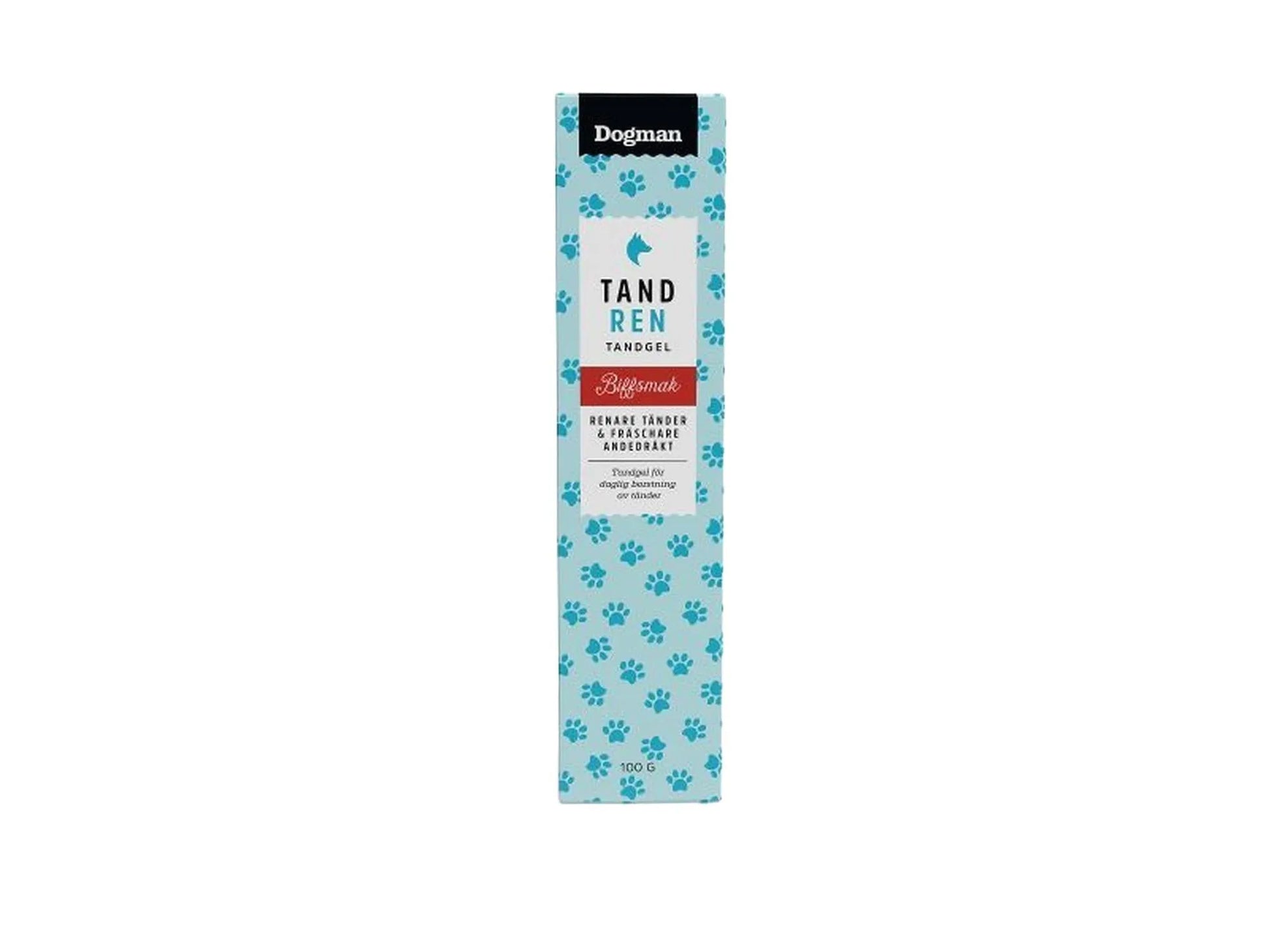 Dogman Tandgel 100g for hunder, hvit tube med blå potetrykk og rød "Biffsmak" etikett.