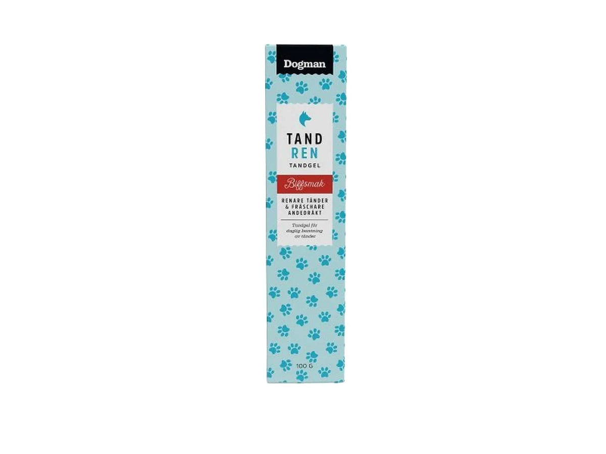 Dogman Tandgel 100g for hunder, hvit tube med blå potetrykk og rød "Biffsmak" etikett.