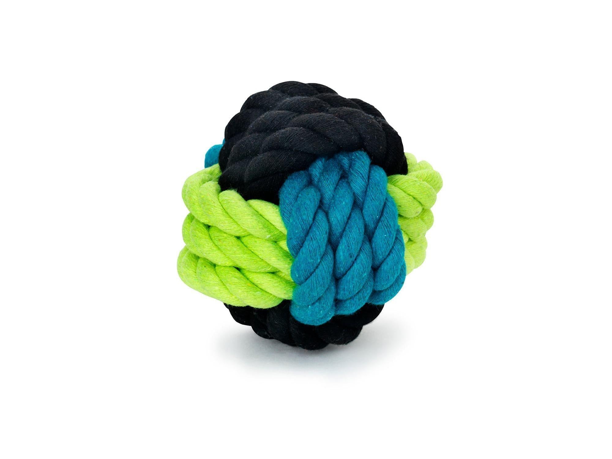 Slitesterk Dogman tauball i turkis, svart og limegrønn, 7,5 cm, for apportlek.