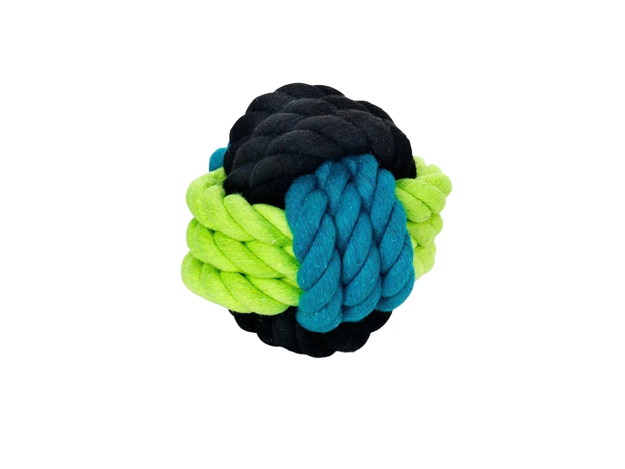 Slitesterk Dogman tauball i turkis, svart og limegrønn, 7,5 cm, for apportlek.